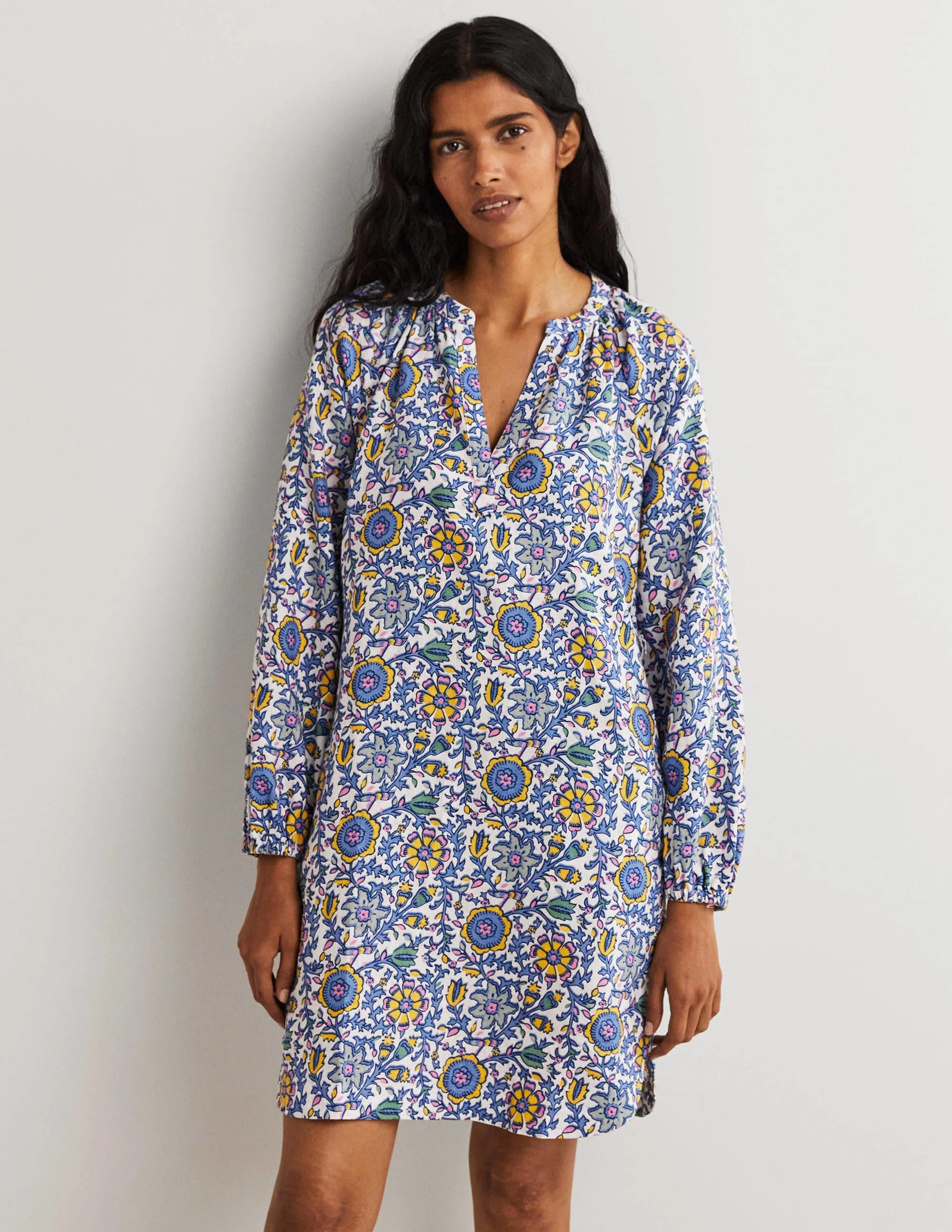 Notch Neck Linen Mini Dress-Riviera Blue, Enchanting Twig - Image 6