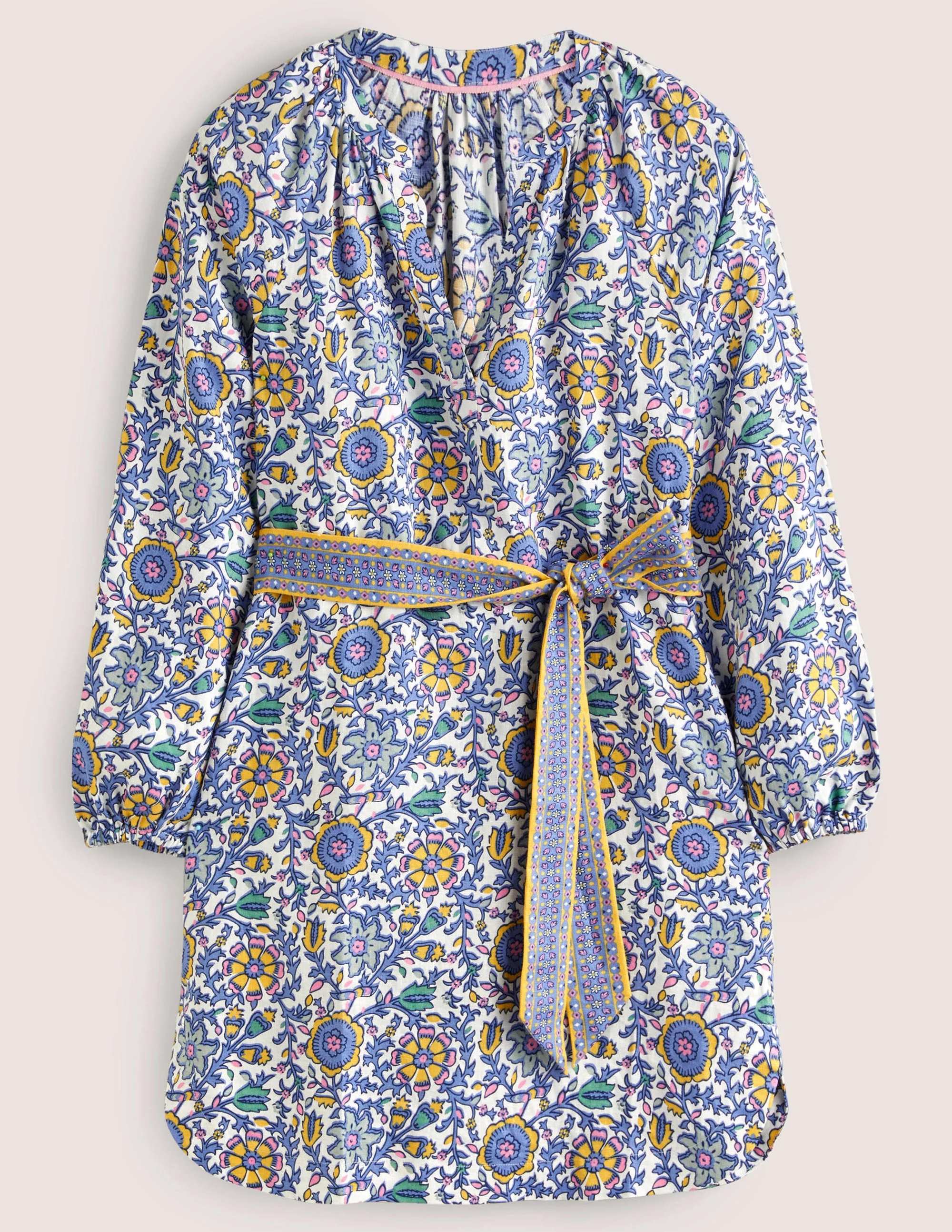 Notch Neck Linen Mini Dress-Riviera Blue, Enchanting Twig - Image 7