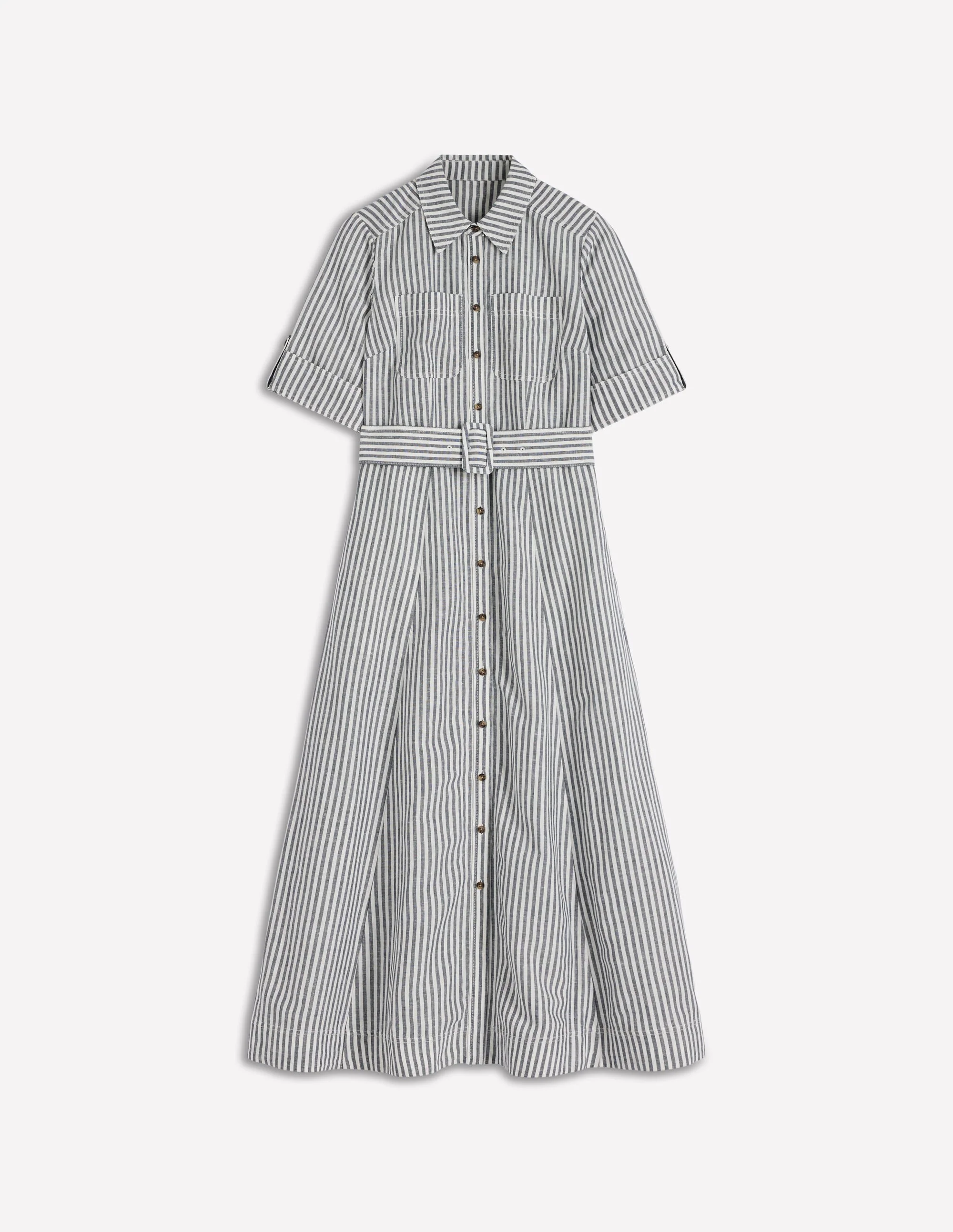 Ora Linen Blend Shirt Dress-Navy Ivory Stripe - Image 3
