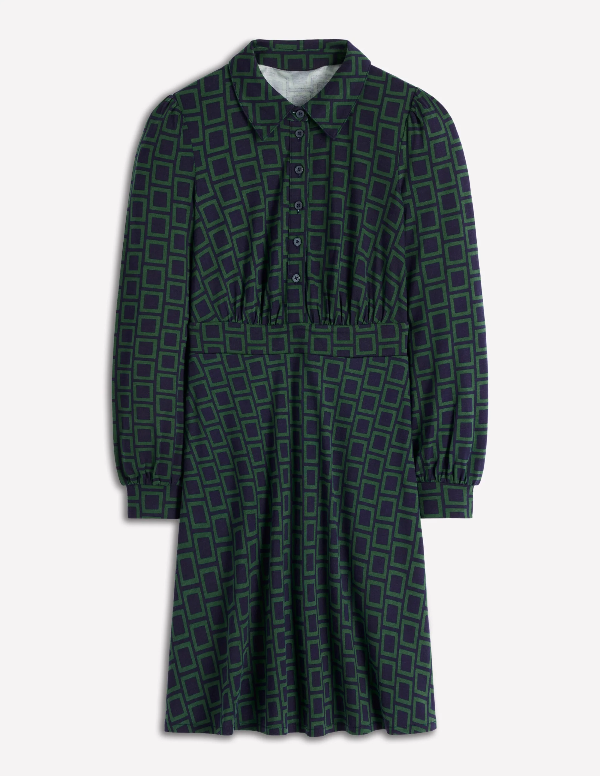 Orla Short Jersey Shirt Dress-Dark Green, Square Geometric - Image 6