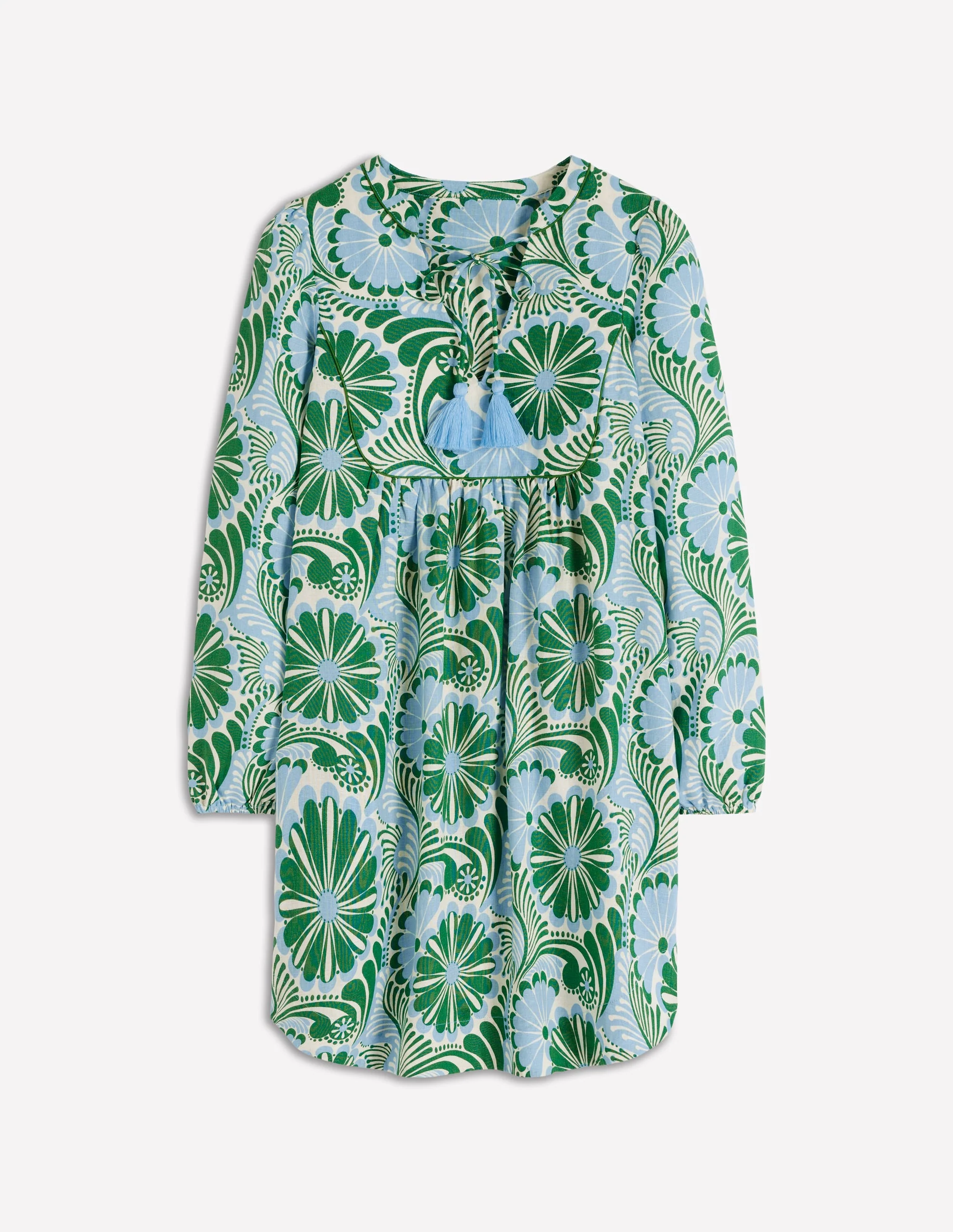Pia Linen Yoke Tassel Dress-Blue Euphoric Garden - Image 6