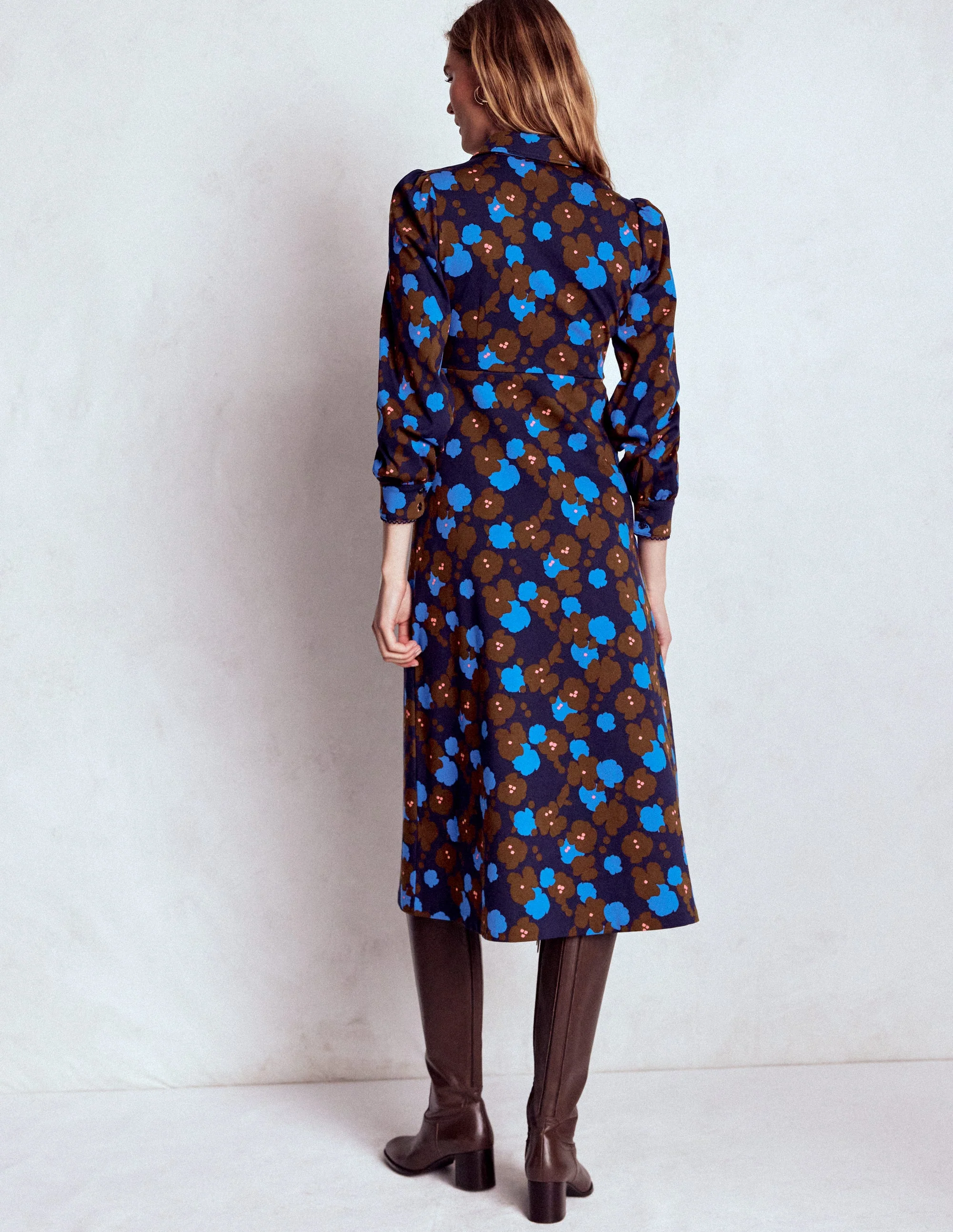 Pip Zip-Up Ponte Midi Dress-French Navy, Garden Blossom - Image 4