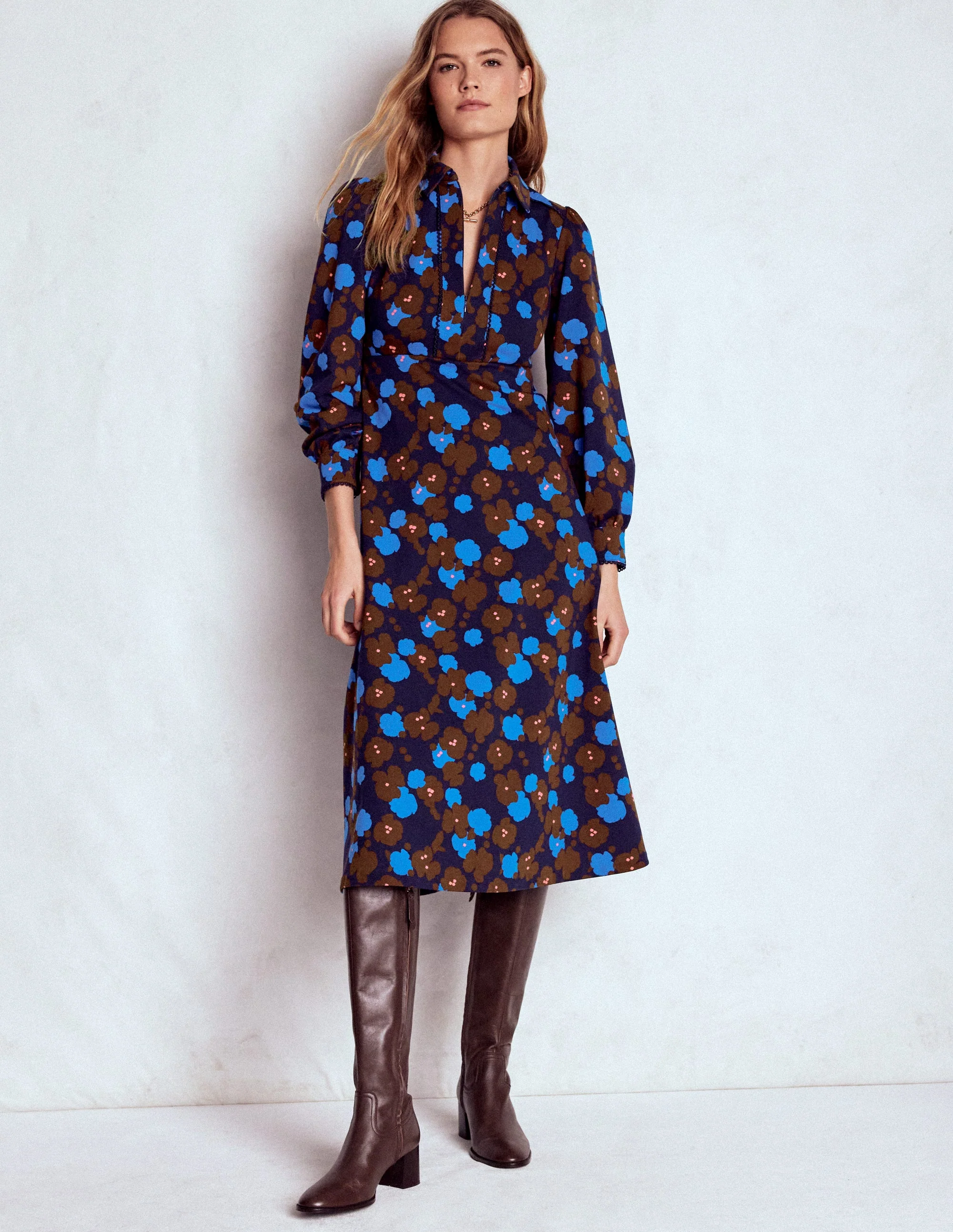 Pip Zip-Up Ponte Midi Dress-French Navy, Garden Blossom - Image 7