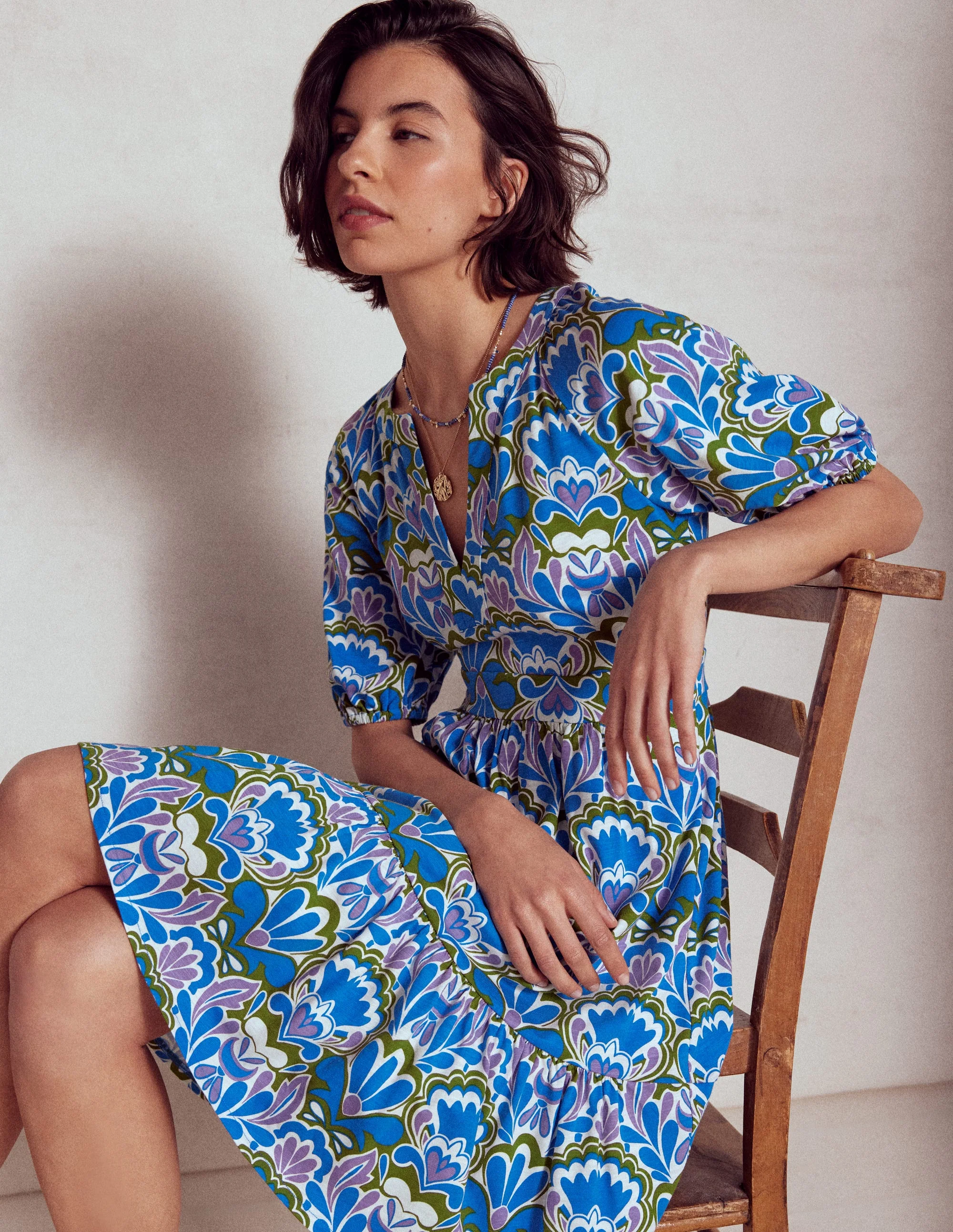Piper Short Jersey Dress-Kingfisher Blue, Freesia Stamp - Image 2