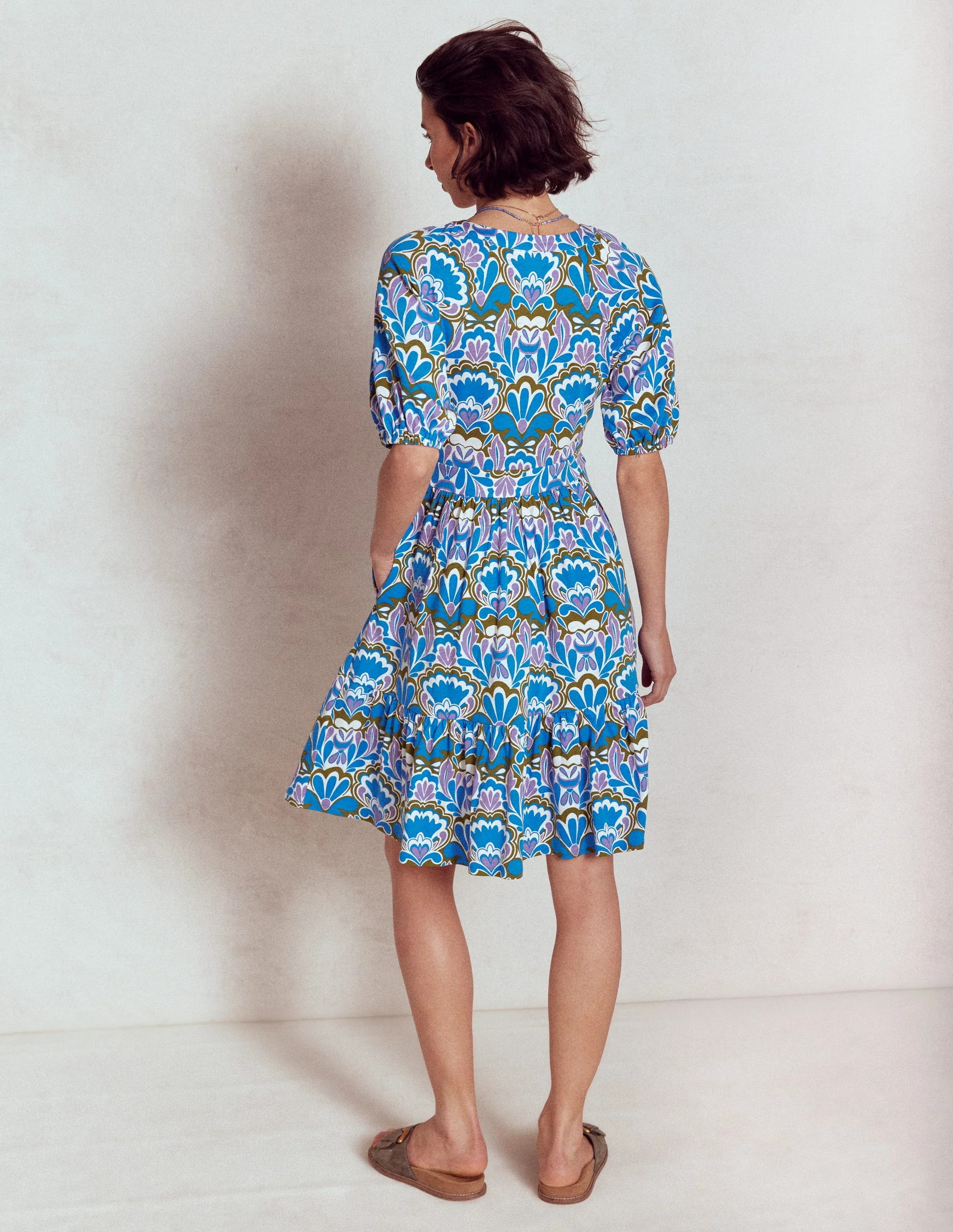 Piper Short Jersey Dress-Kingfisher Blue, Freesia Stamp - Image 4