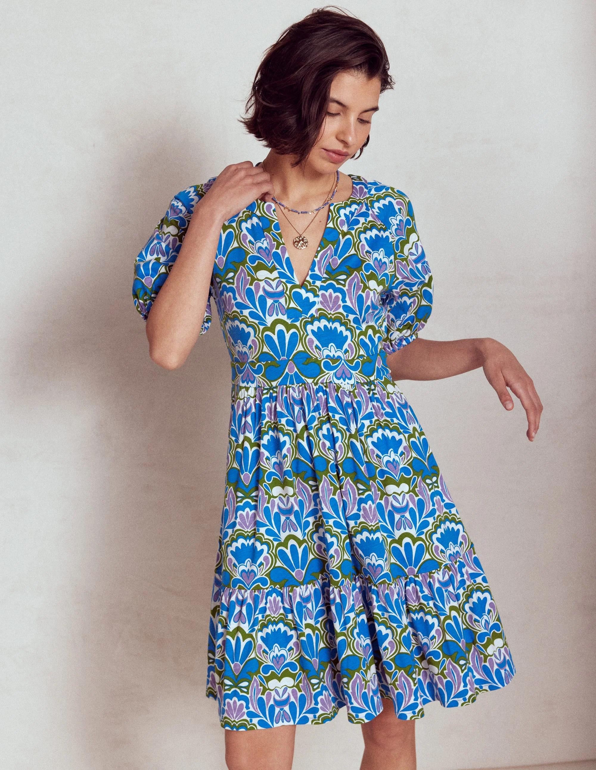 Piper Short Jersey Dress-Kingfisher Blue, Freesia Stamp - Image 5