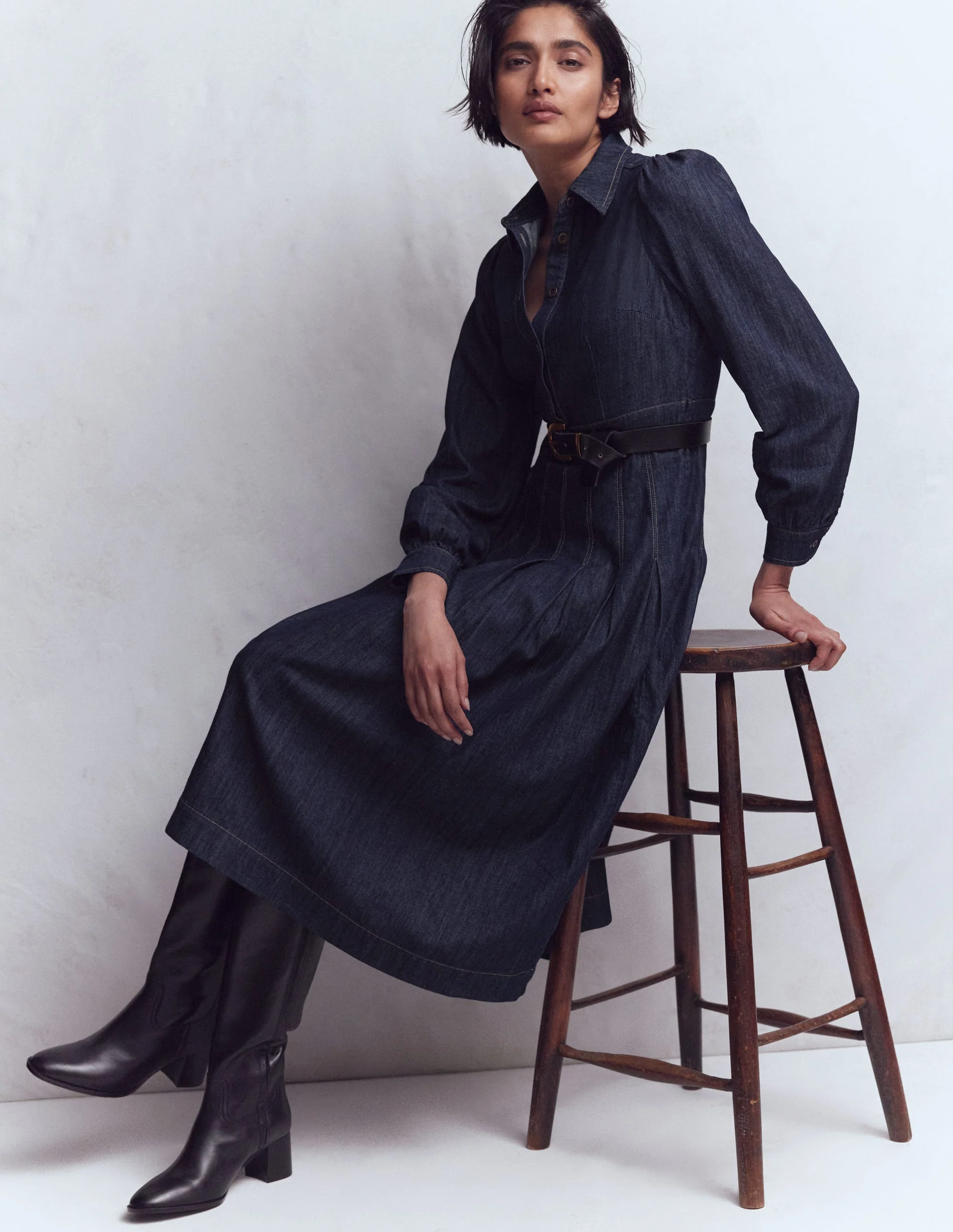 Pleat Skirt Denim Midi Dress-Indigo - Image 2