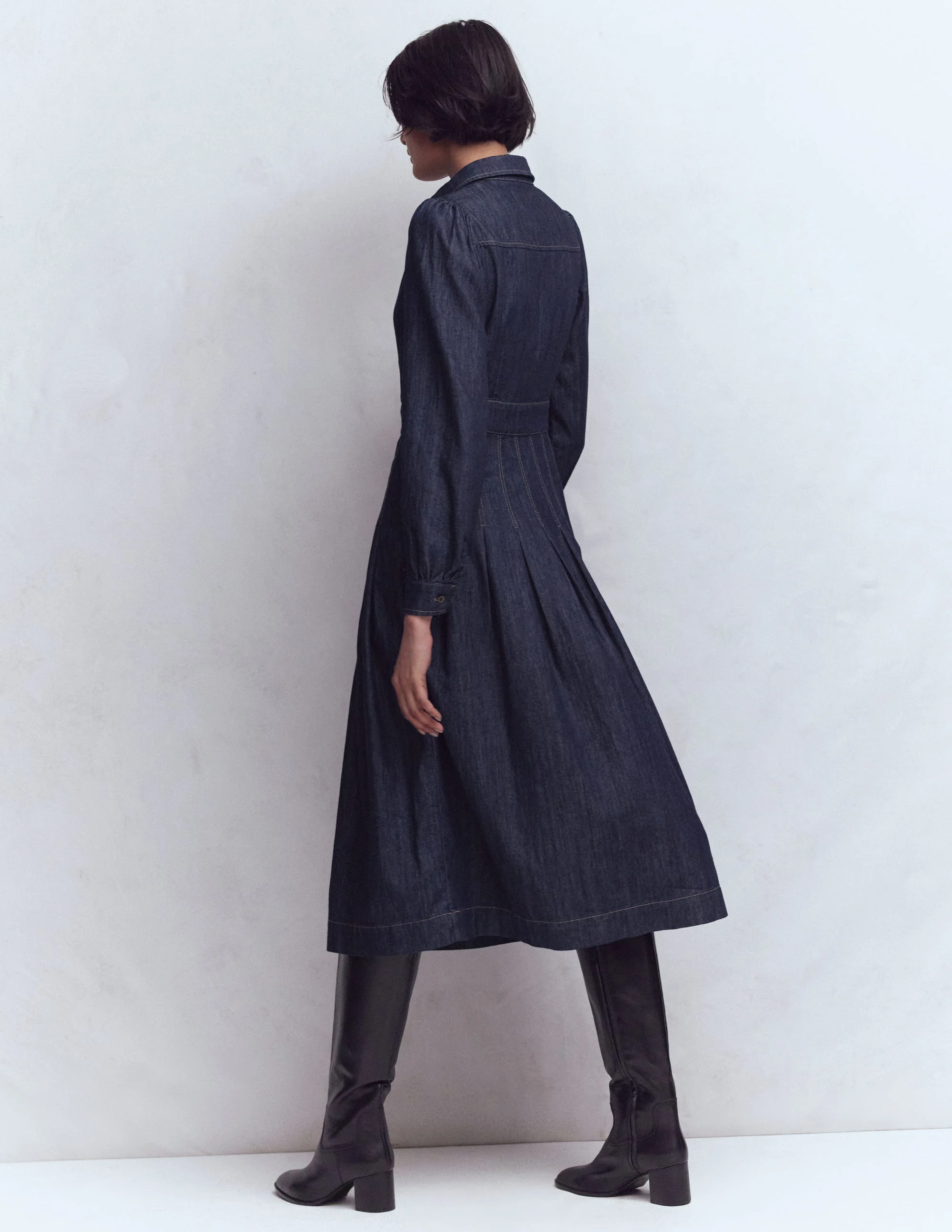 Pleat Skirt Denim Midi Dress-Indigo - Image 4