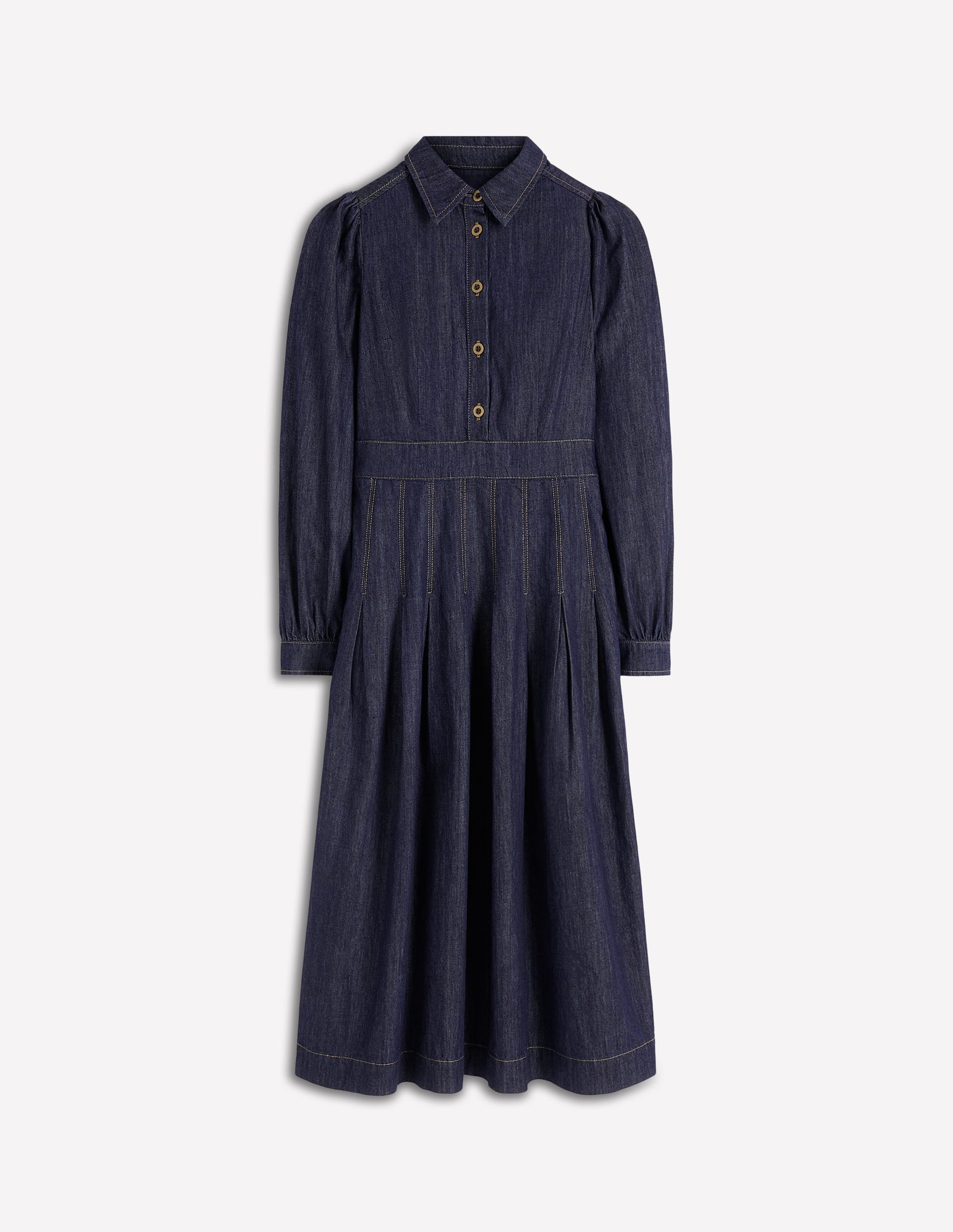 Pleat Skirt Denim Midi Dress-Indigo - Image 5