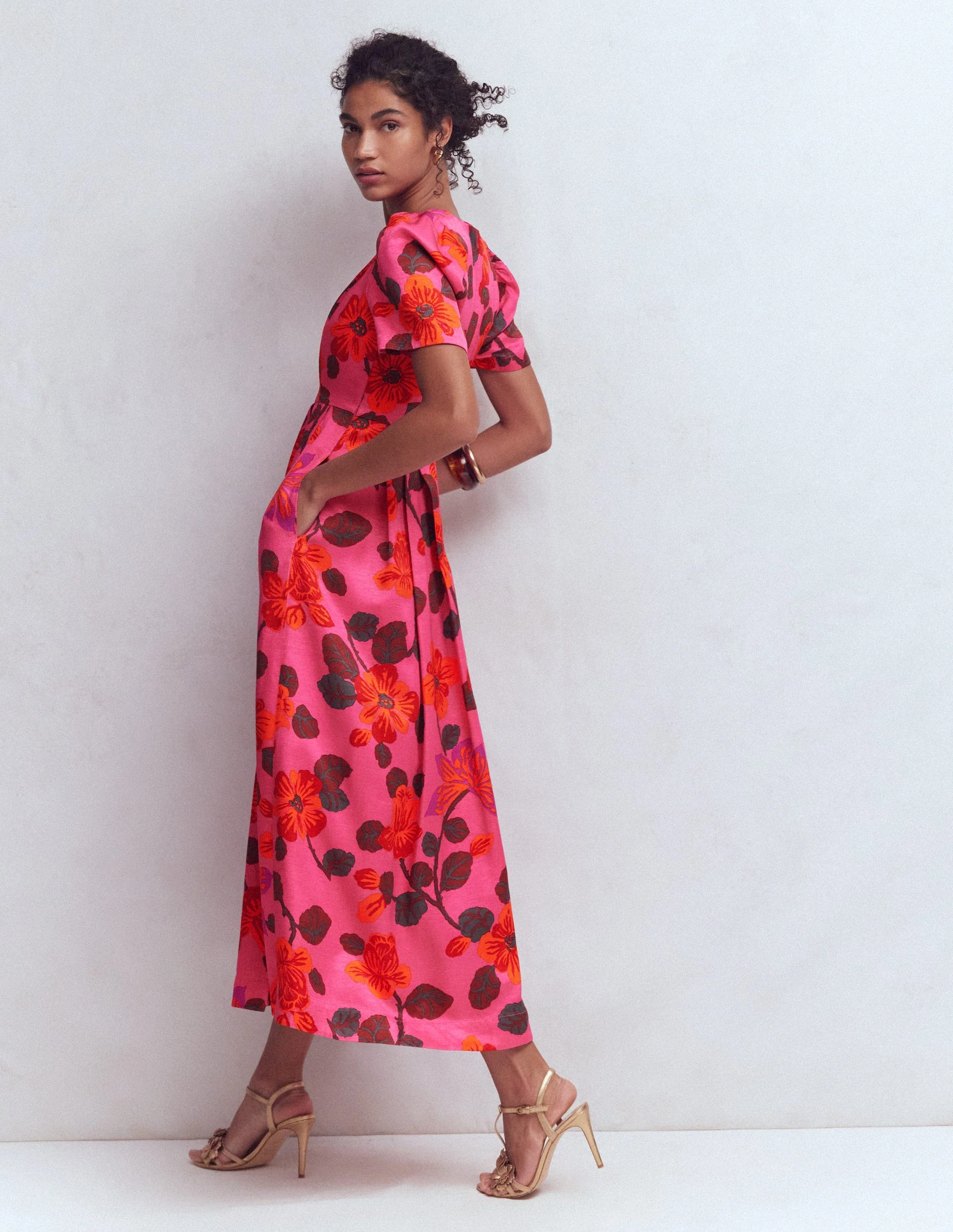 Pleat V-neck Dress-Pink, Elaborate Blossom - Image 3