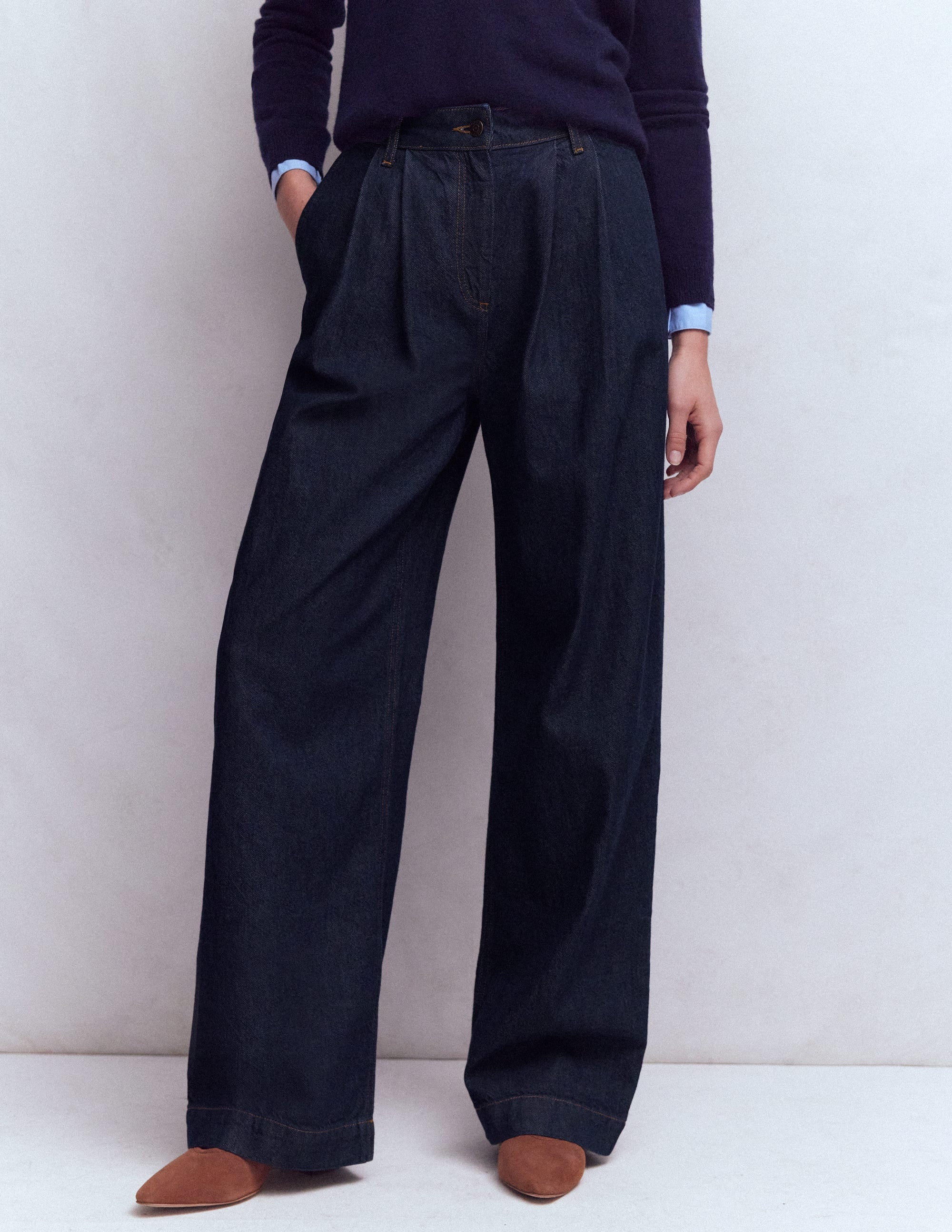 Pleated Wide Leg Jeans-Indigo Rinse - Image 4
