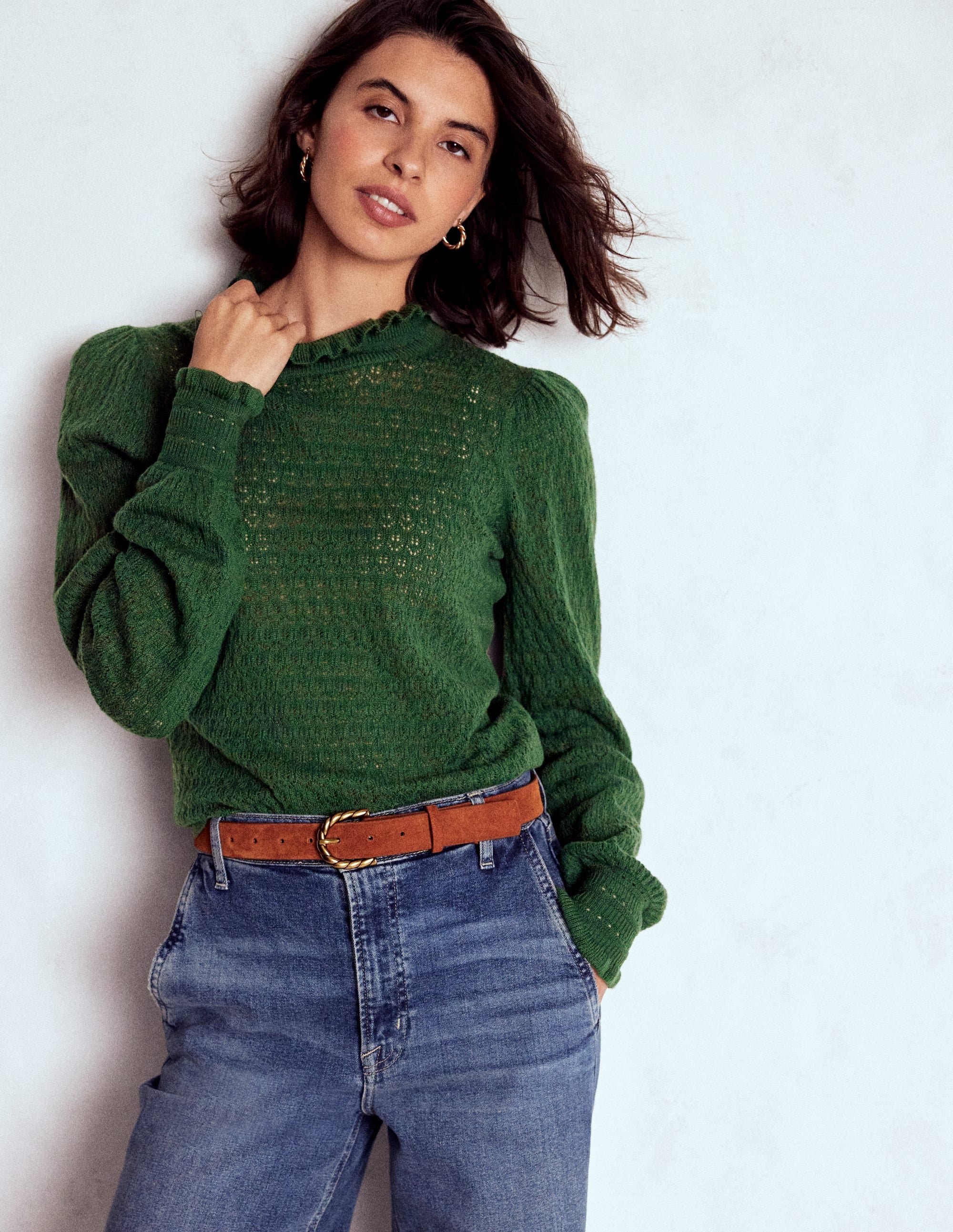 Pointelle Ruffle Jumper-Hunter Green - Image 4