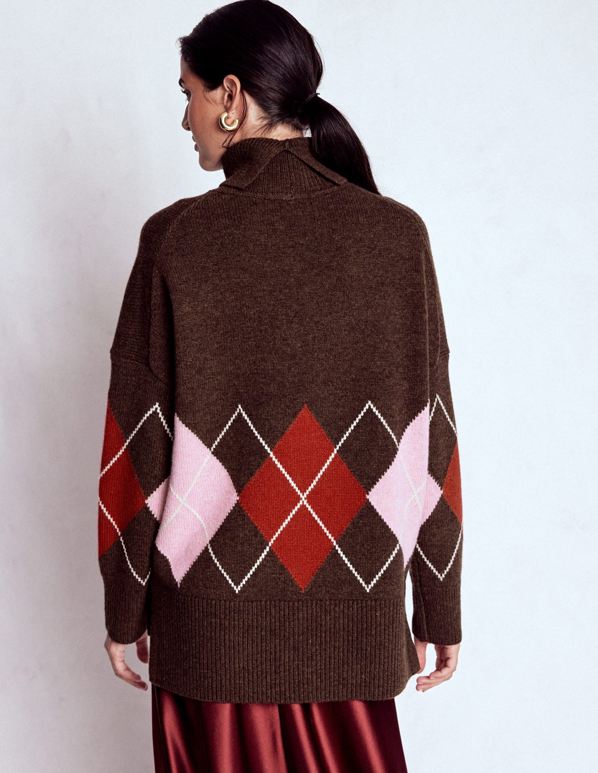 Polly Merino Roll Neck Jumper-Brown, Pink Argyle - Image 3