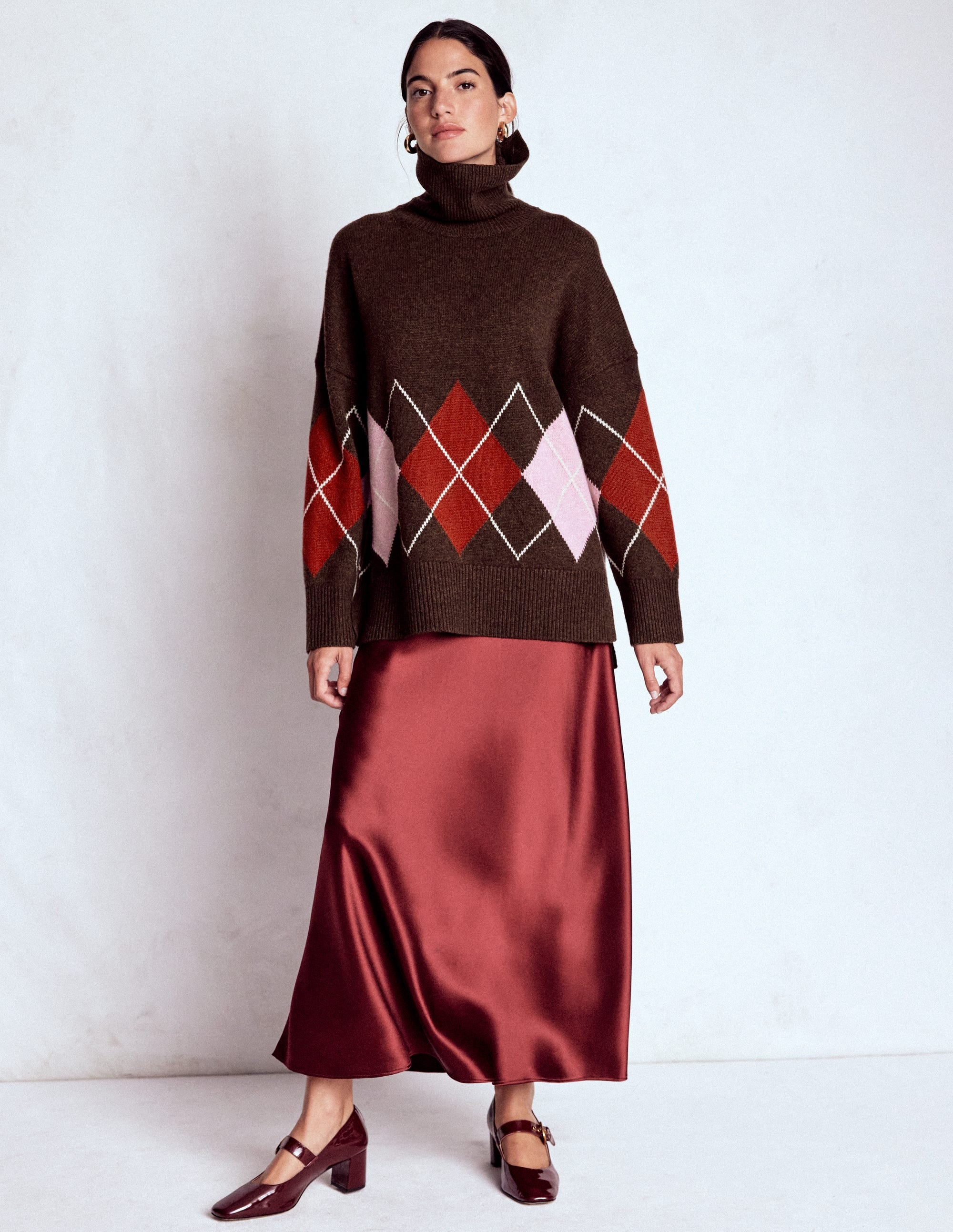 Polly Merino Roll Neck Jumper-Brown, Pink Argyle - Image 4