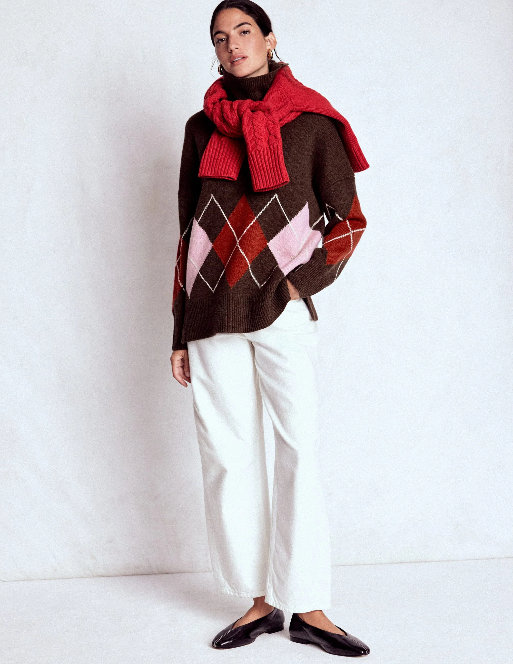 Polly Merino Roll Neck Jumper-Brown, Pink Argyle - Image 5