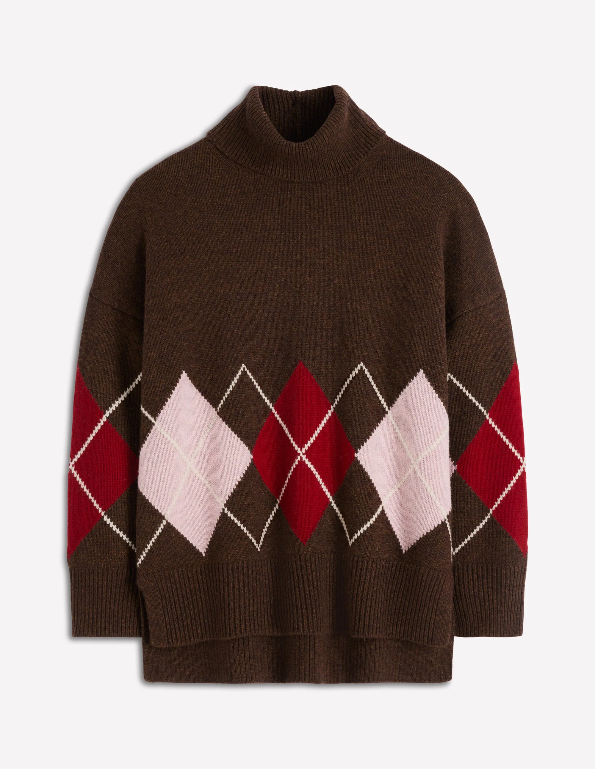 Polly Merino Roll Neck Jumper-Brown, Pink Argyle - Image 7