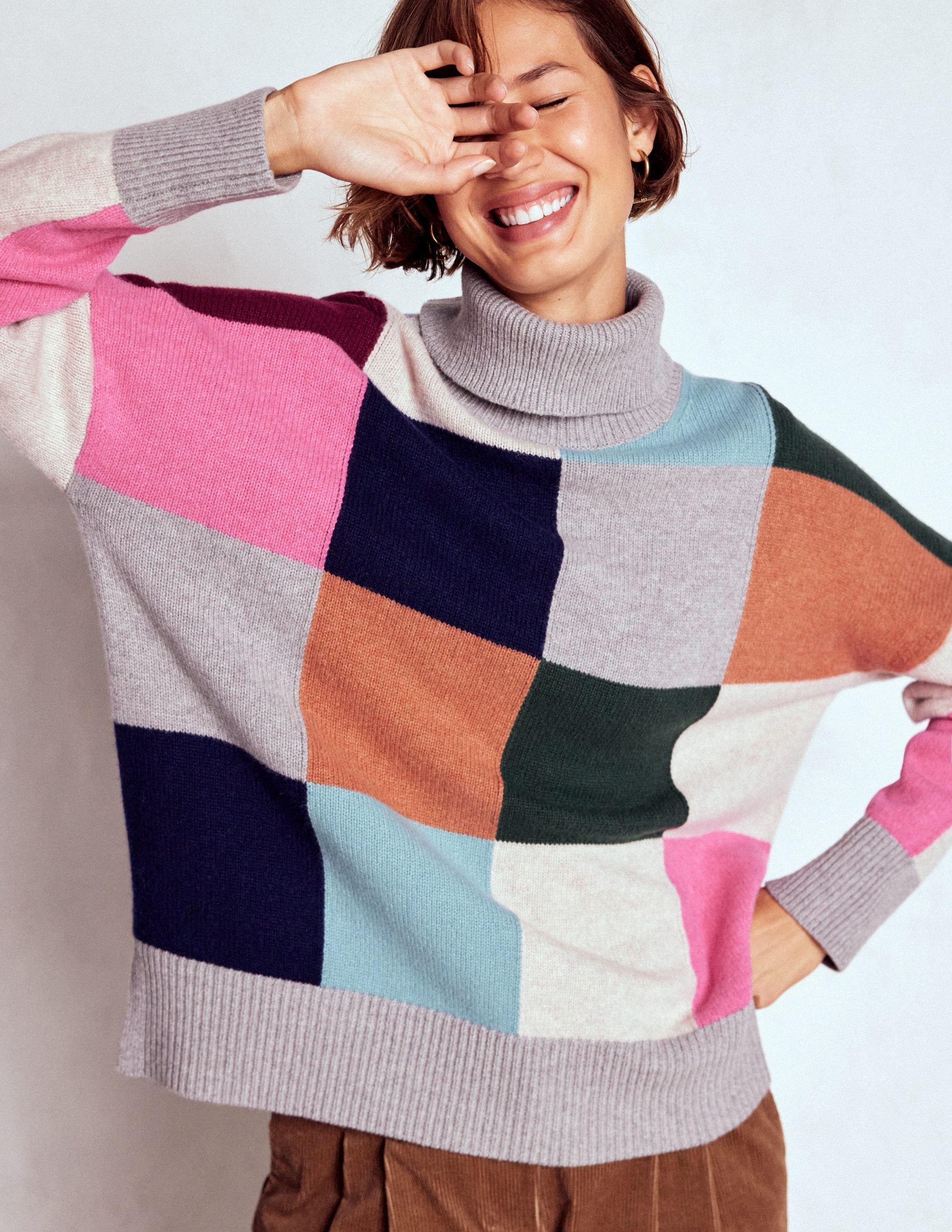 Polly Merino Roll Neck Jumper-Grey Marl Check - Image 4