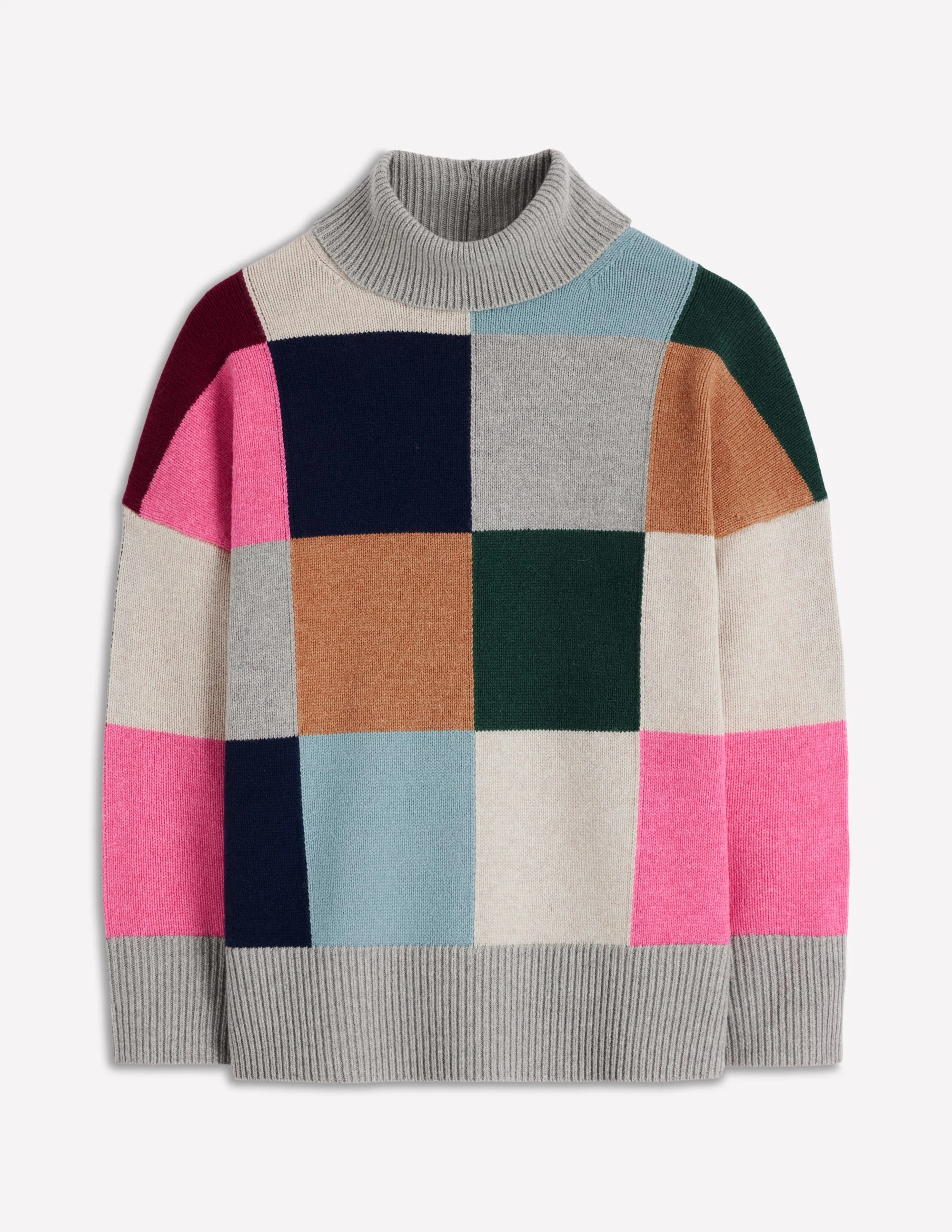 Polly Merino Roll Neck Jumper-Grey Marl Check - Image 7