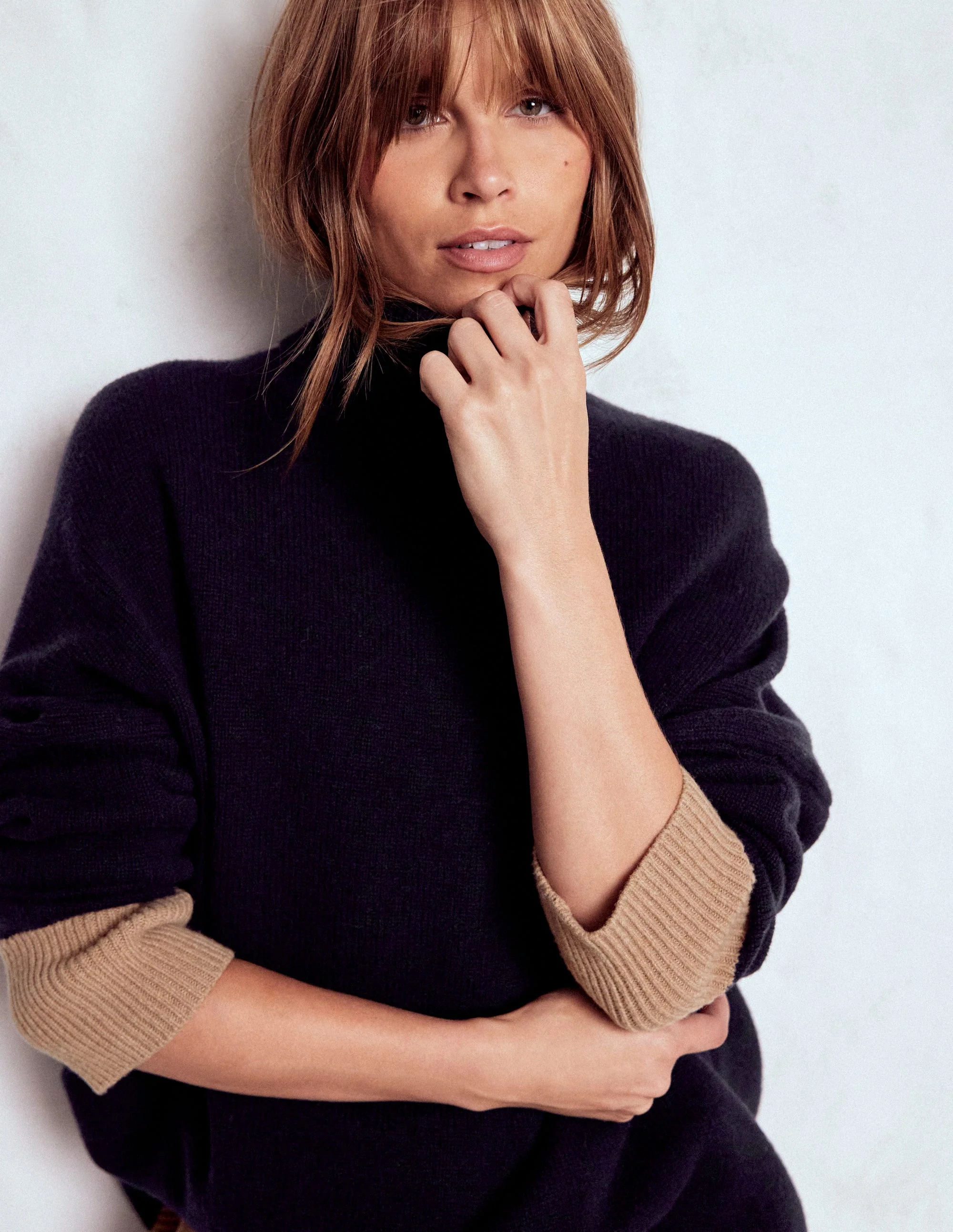 Polly Merino Roll Neck Jumper-Navy, Warm Taupe Colour Block - Image 2