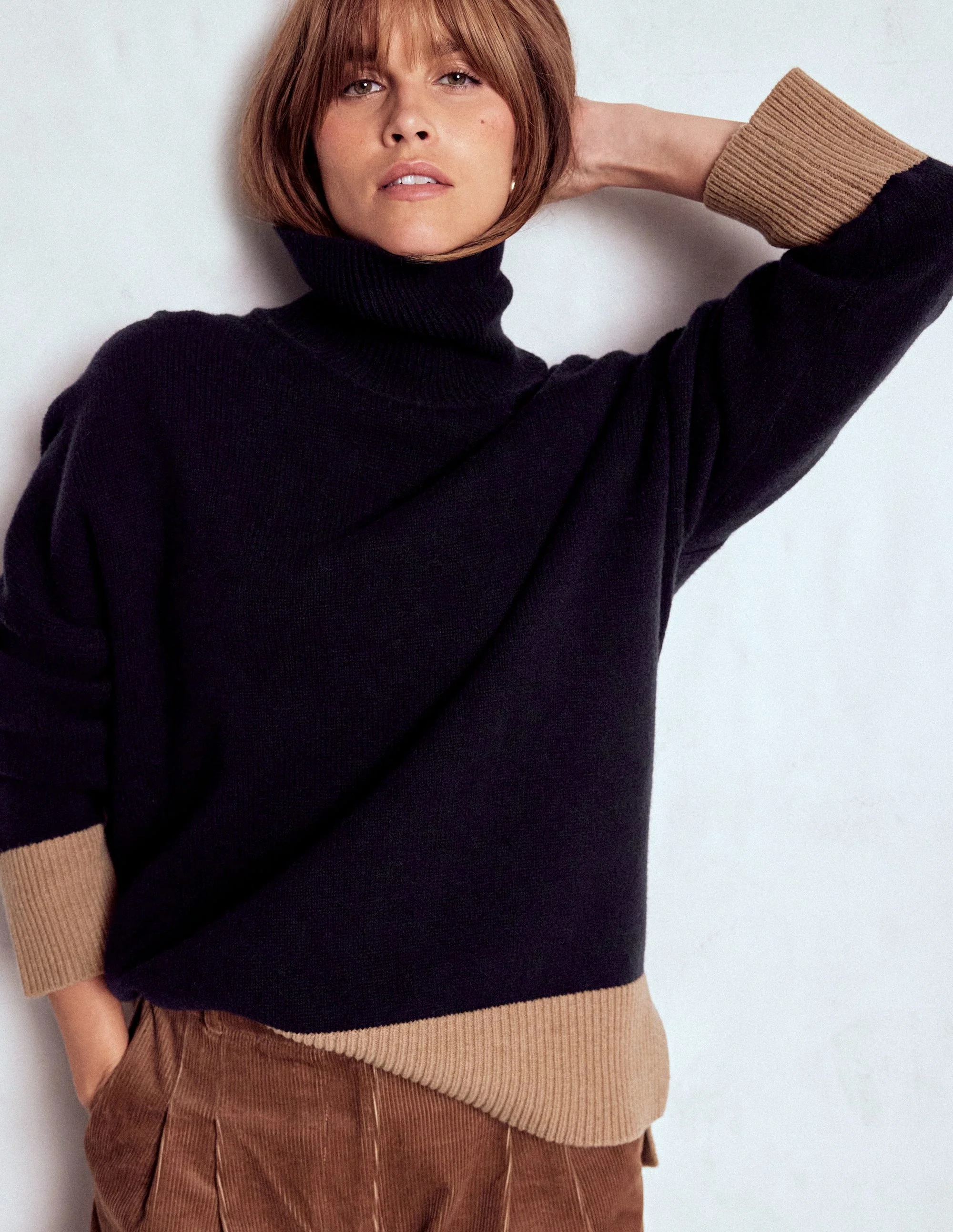 Polly Merino Roll Neck Jumper-Navy, Warm Taupe Colour Block - Image 5