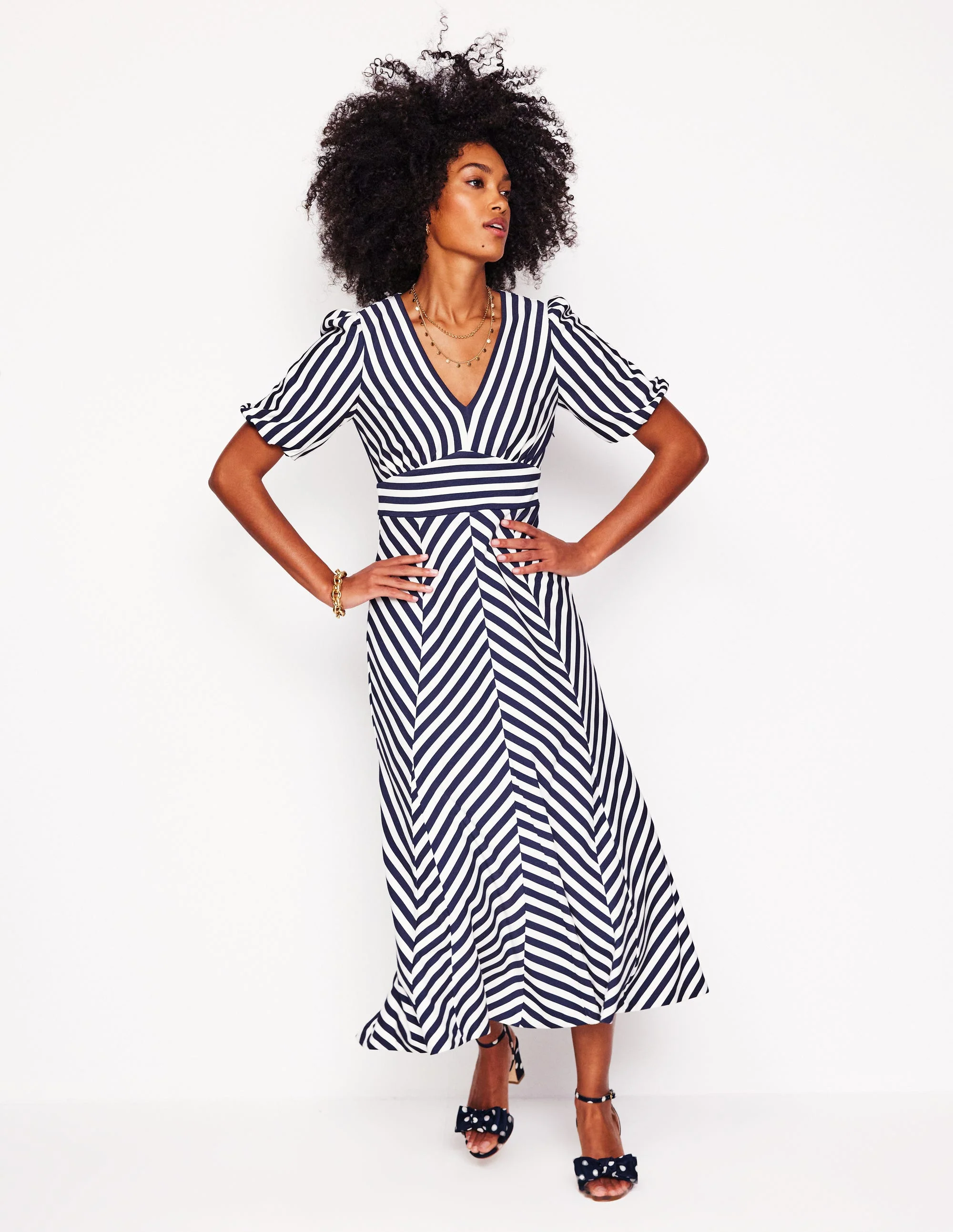 Ponte Panelled Tea Dress-French Navy, Ivory Stripe - Image 4