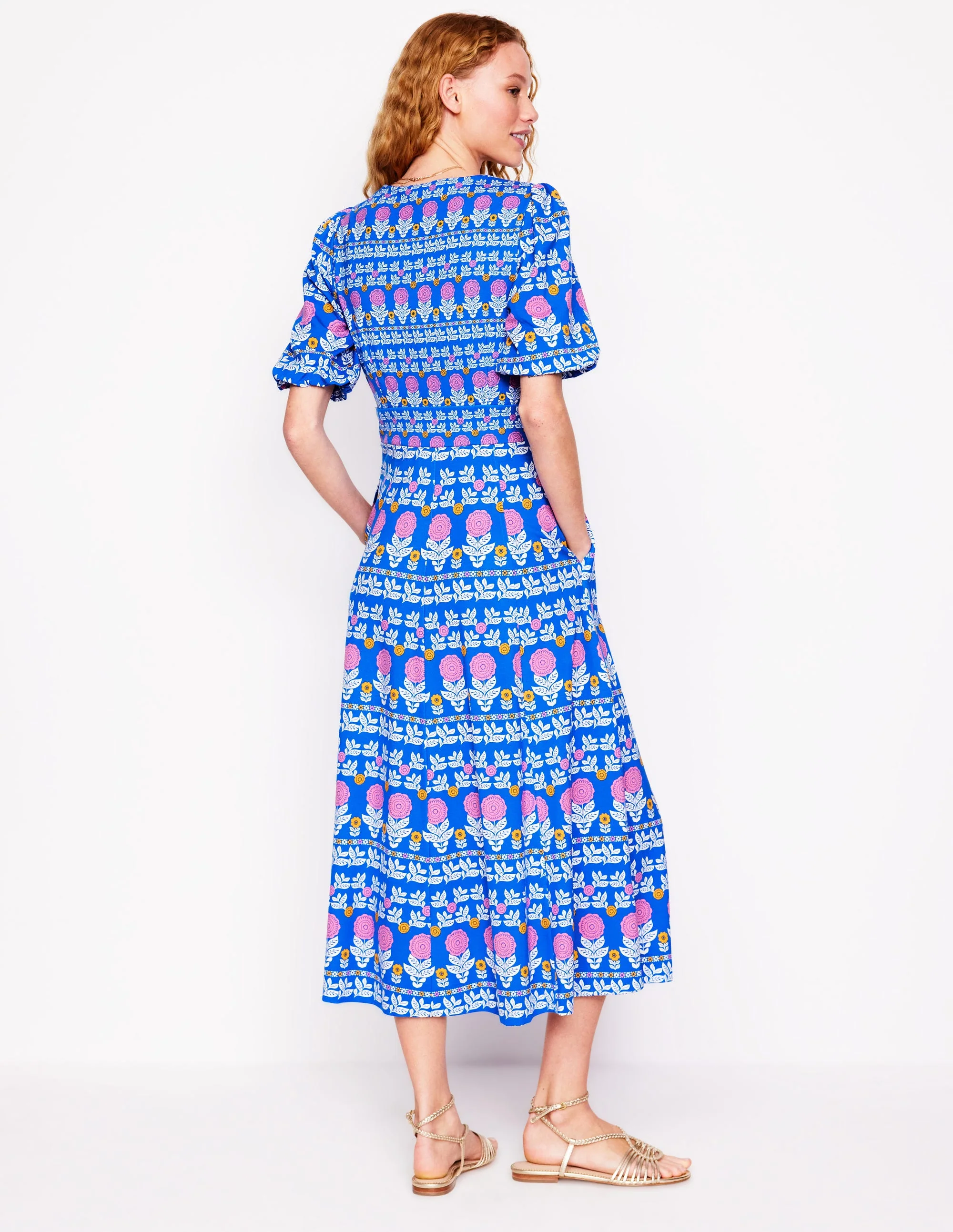 Ponte Puff Sleeve Tea Dress-Gallery Blue, Dahlia Garden - Image 3