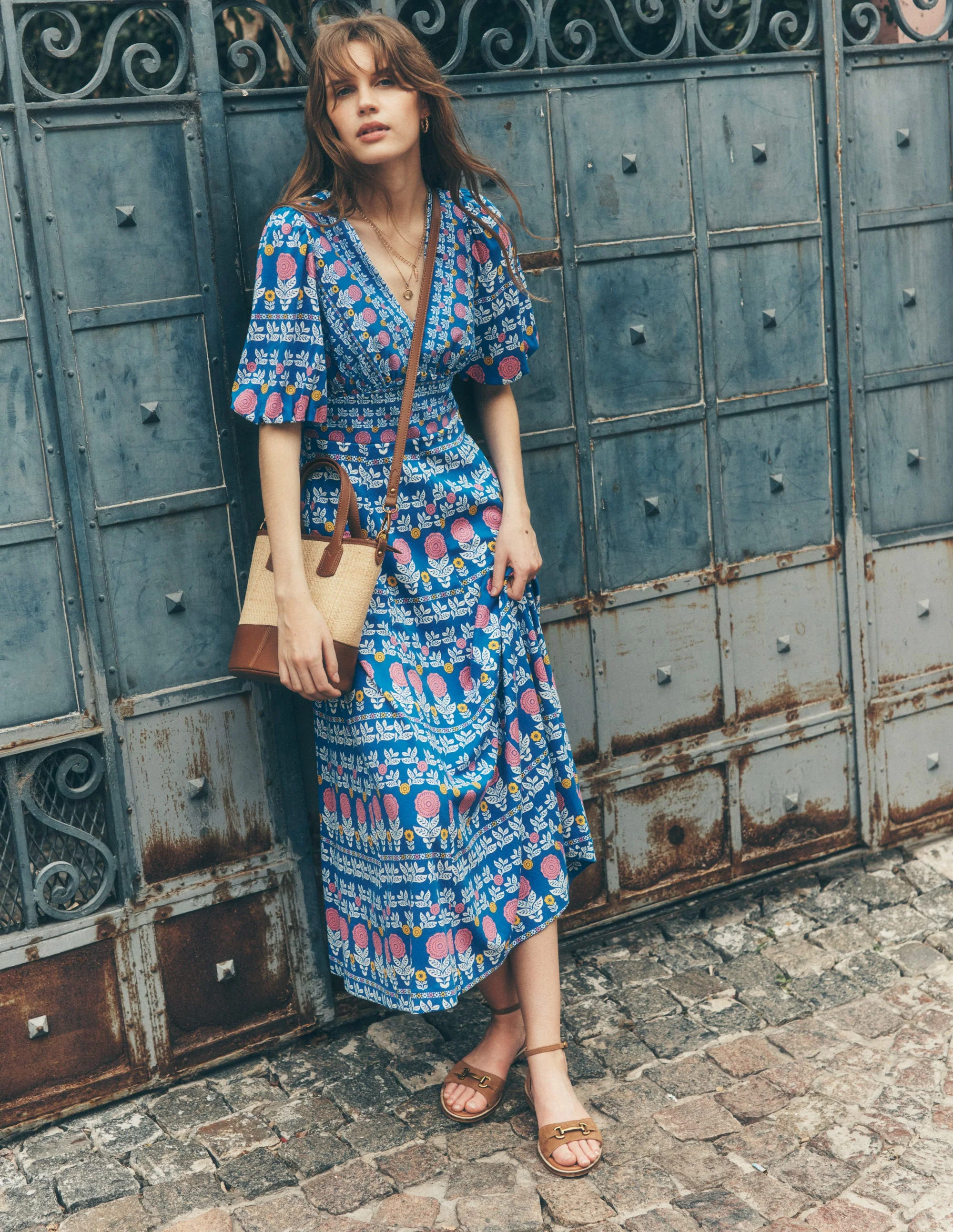 Ponte Puff Sleeve Tea Dress-Gallery Blue, Dahlia Garden - Image 5