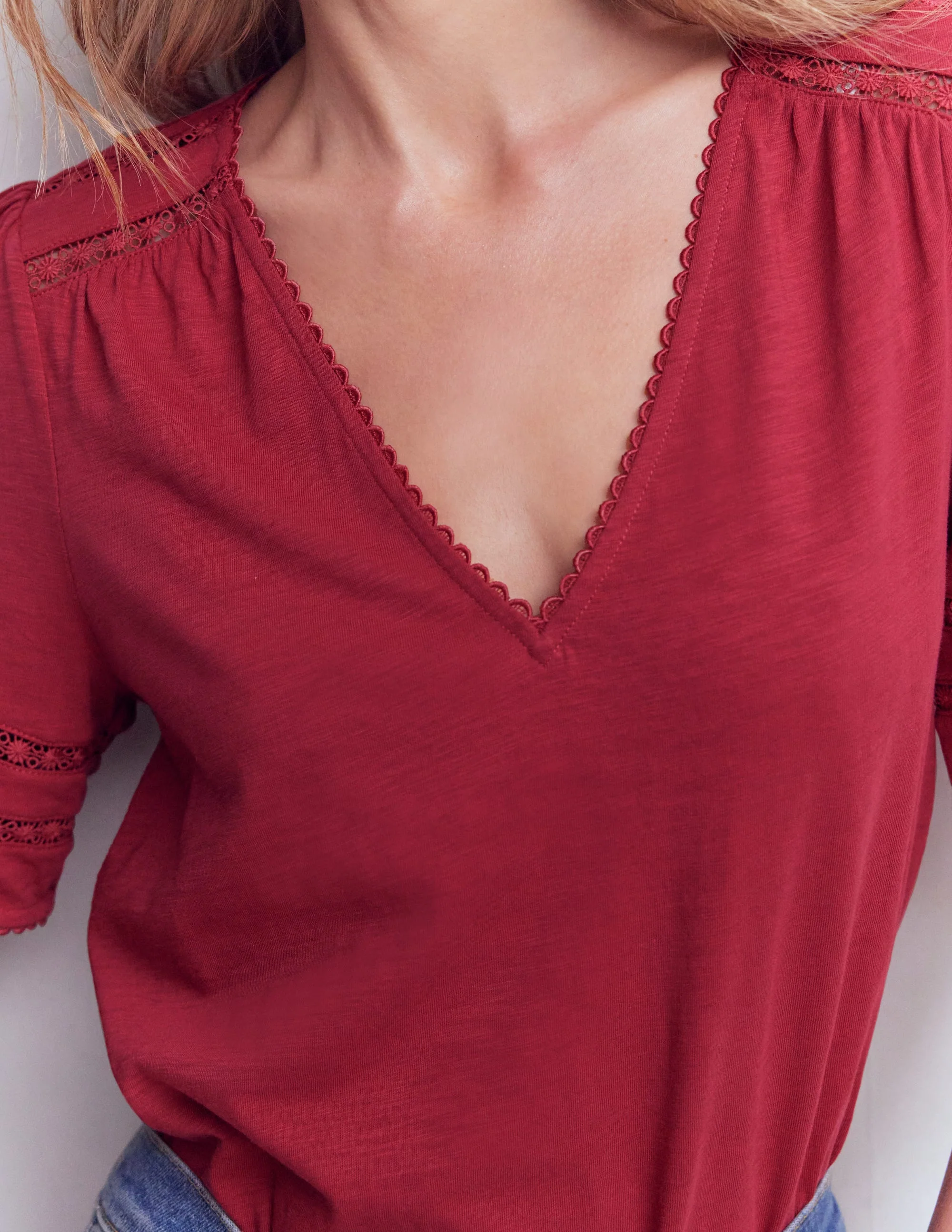 Poppy Trim V Neck T-Shirt-Terracotta Red - Image 2