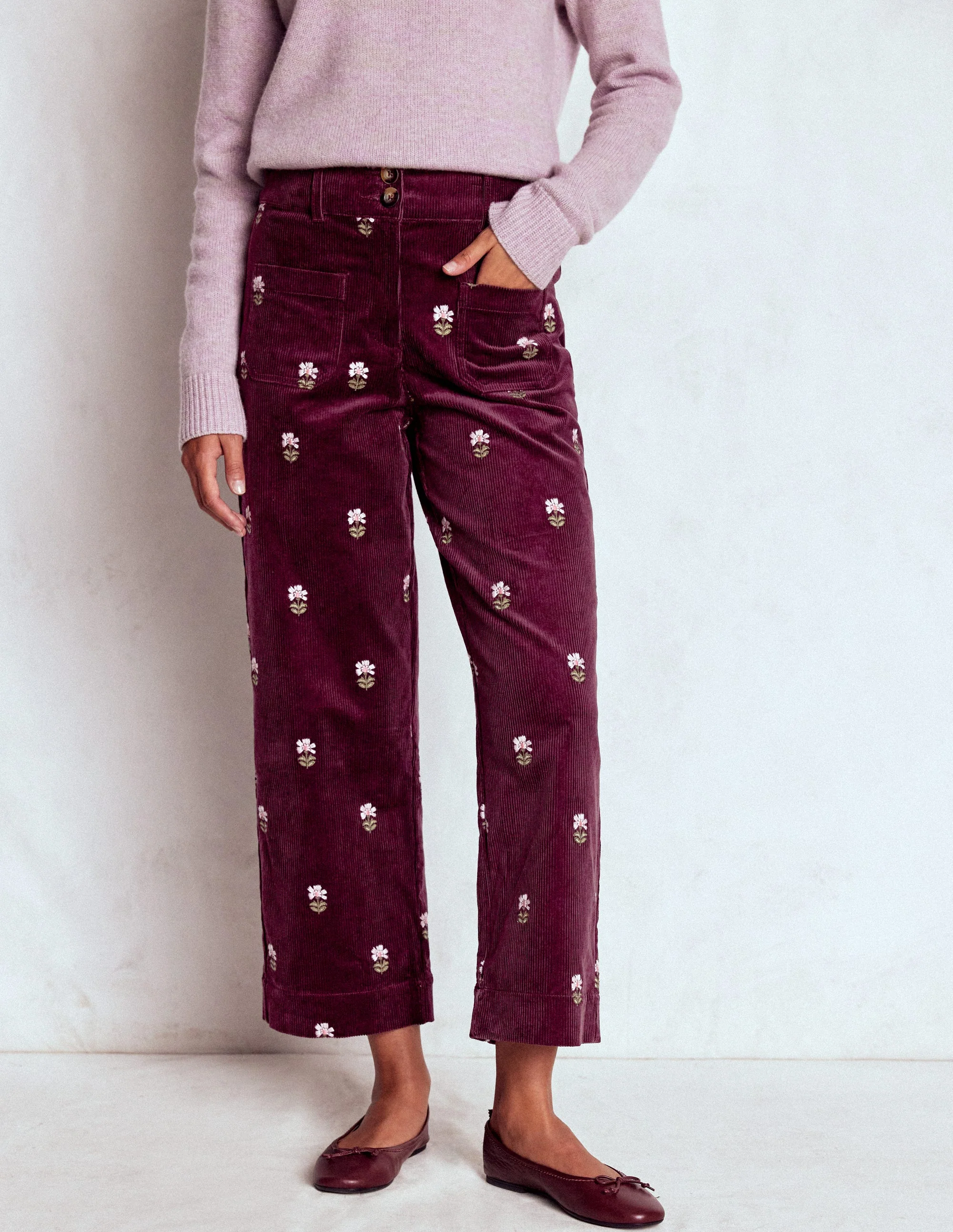 Primrose Cord Trousers-Dark Cherry Embroidery - Image 4