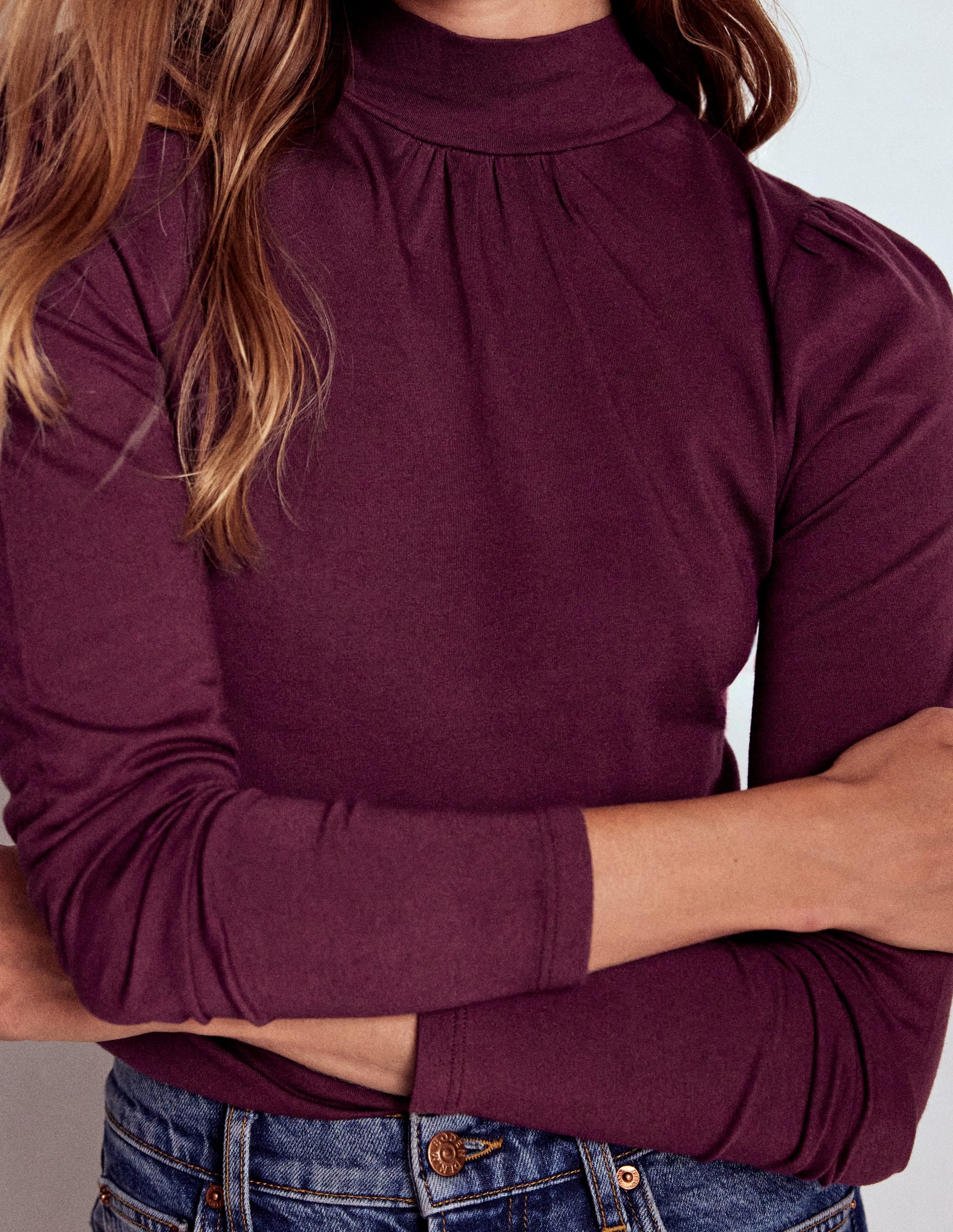 Puff Shoulder Jersey Top-Dark Cherry - Image 3