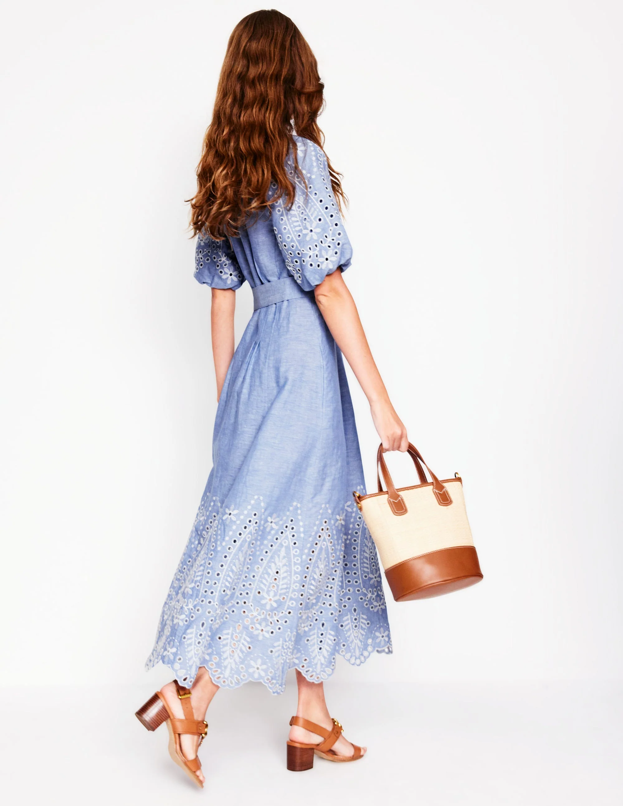Puff Sleeve Embroidered Dress-Grey Blue Chambray - Image 3