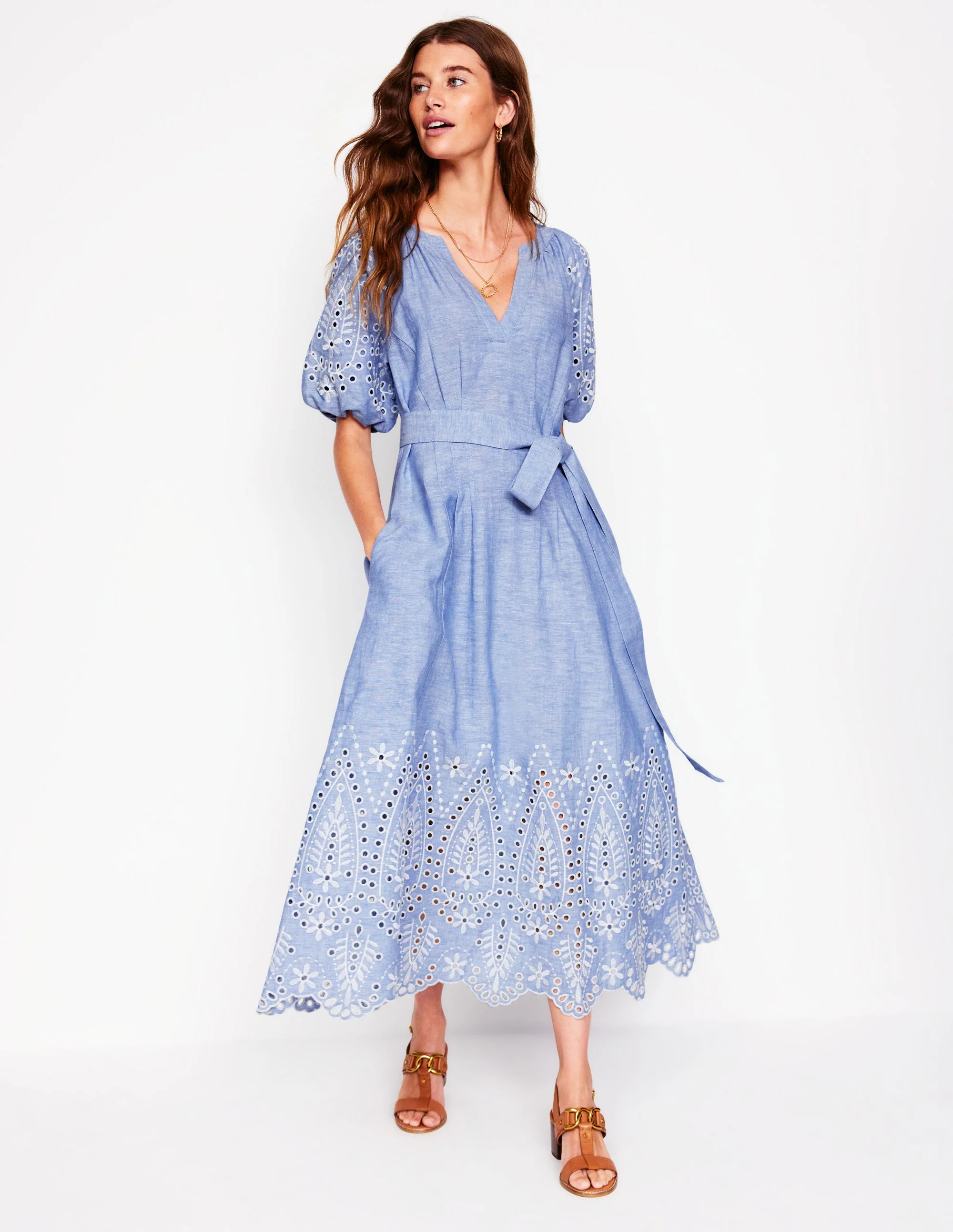 Puff Sleeve Embroidered Dress-Grey Blue Chambray - Image 4