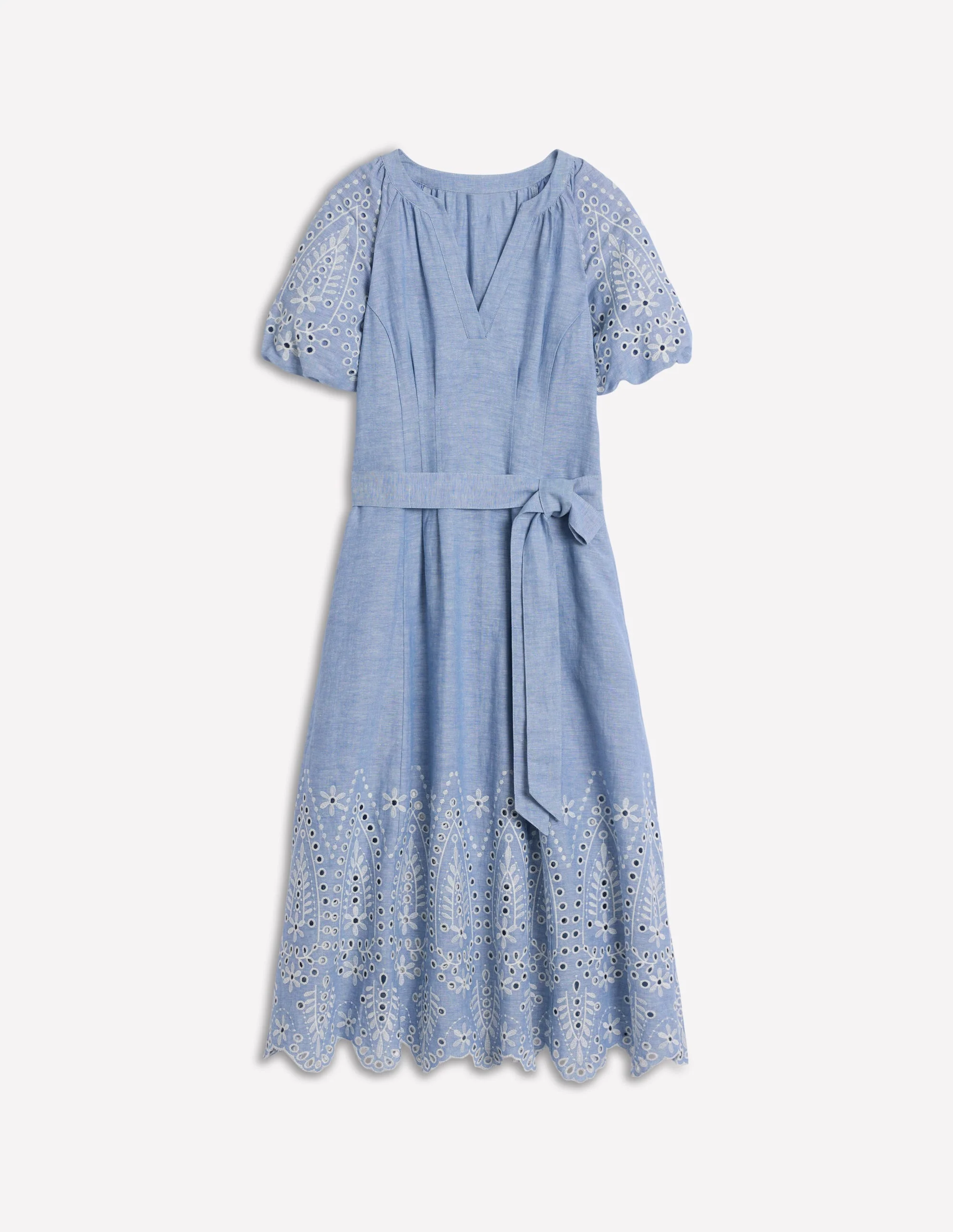 Puff Sleeve Embroidered Dress-Grey Blue Chambray - Image 6
