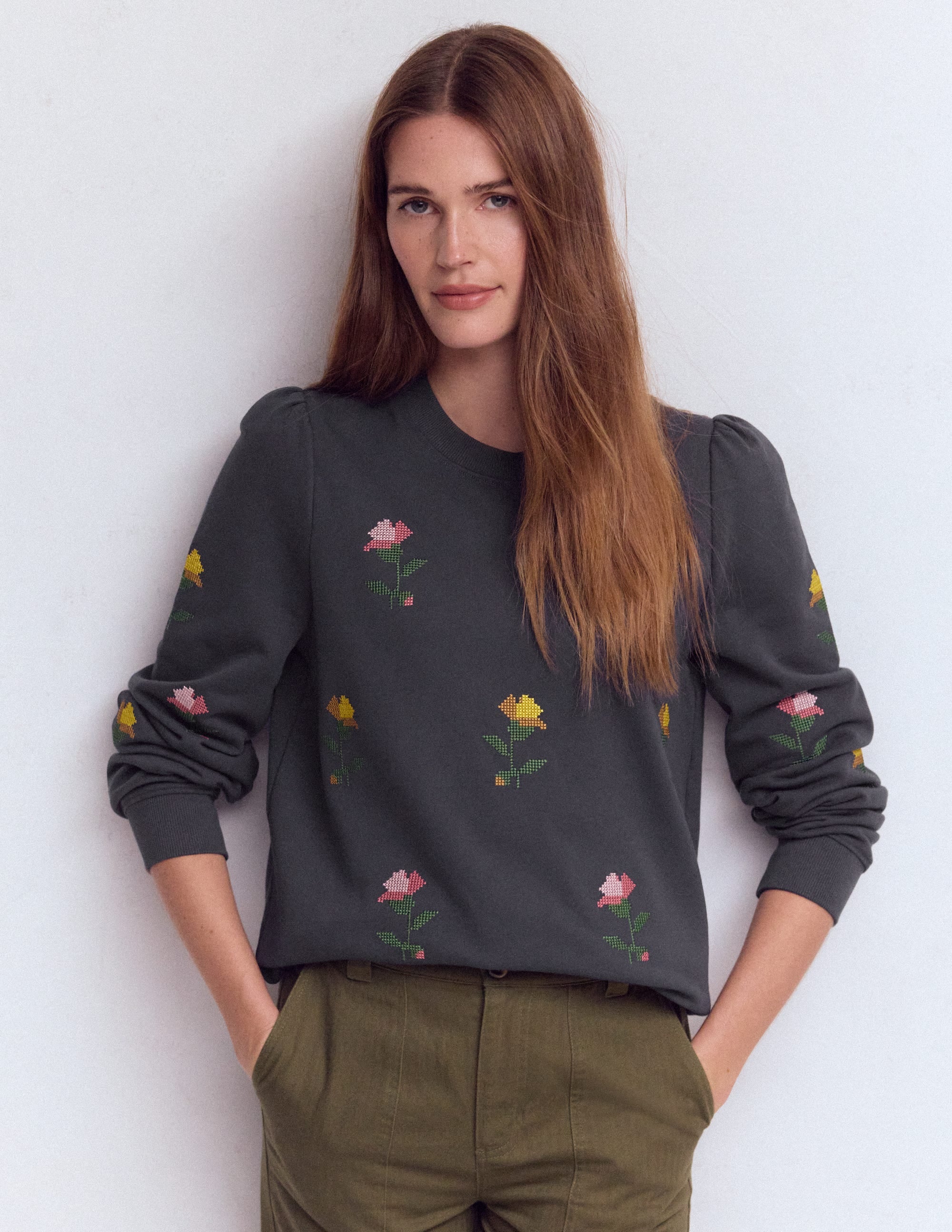 Puff Sleeve Embroidered Sweat-Cross Stitch Flower Embroidery - Image 4