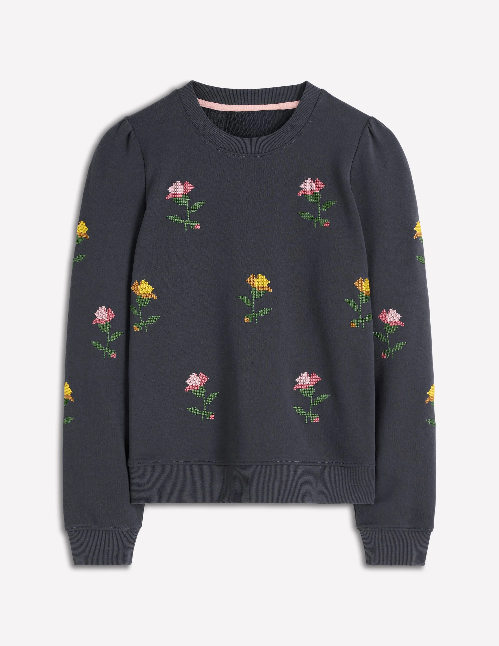 Puff Sleeve Embroidered Sweat-Cross Stitch Flower Embroidery - Image 5