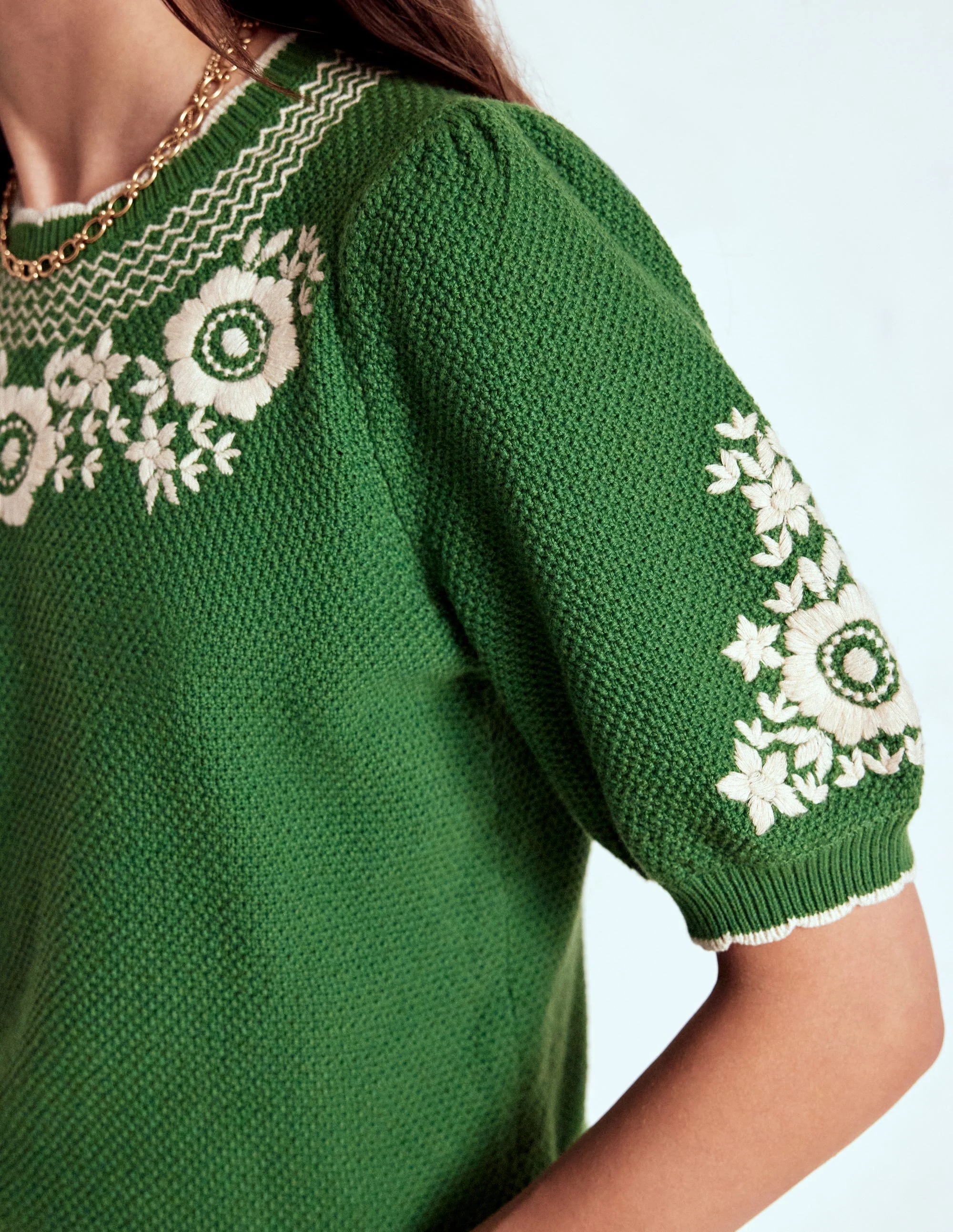 Puff Sleeve Embroidery T-shirt-Paradise Green - Image 2