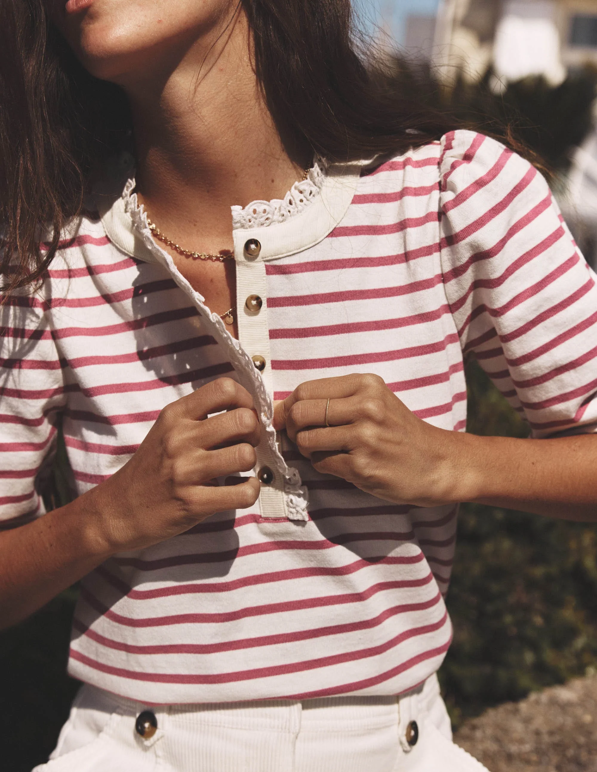 Puff Sleeve Henley-Pink Heather, Ivory Stripe - Image 6