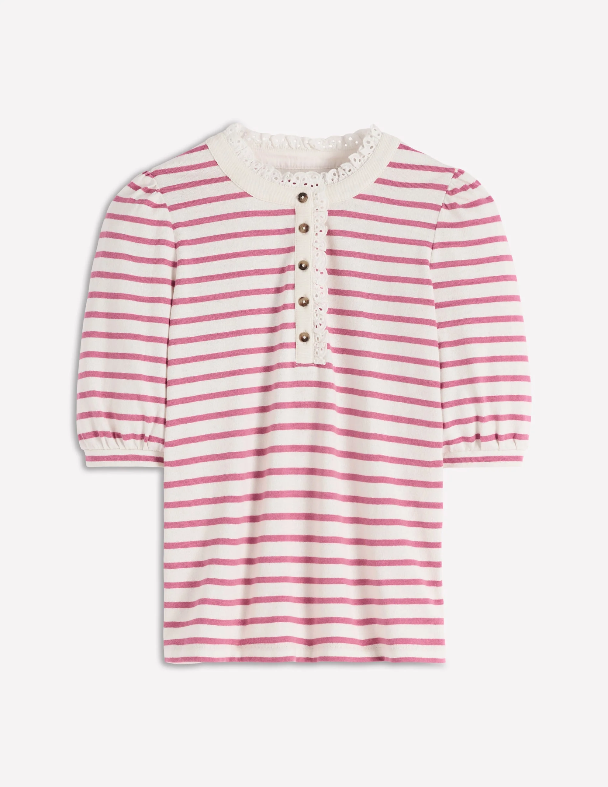 Puff Sleeve Henley-Pink Heather, Ivory Stripe - Image 7