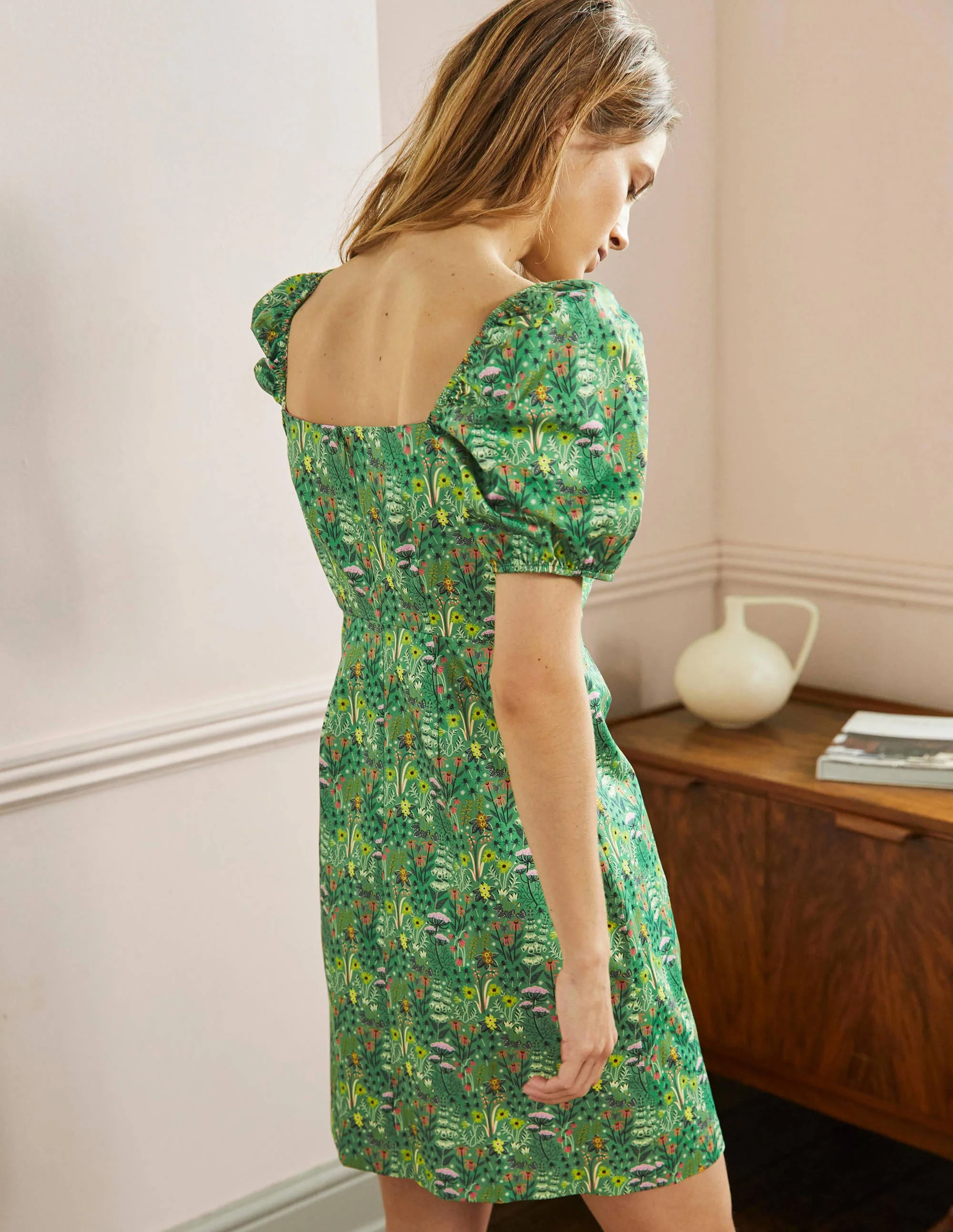 Puff Sleeve Mini Dress-Rich Emerald, Wildflower Bloom - Image 3