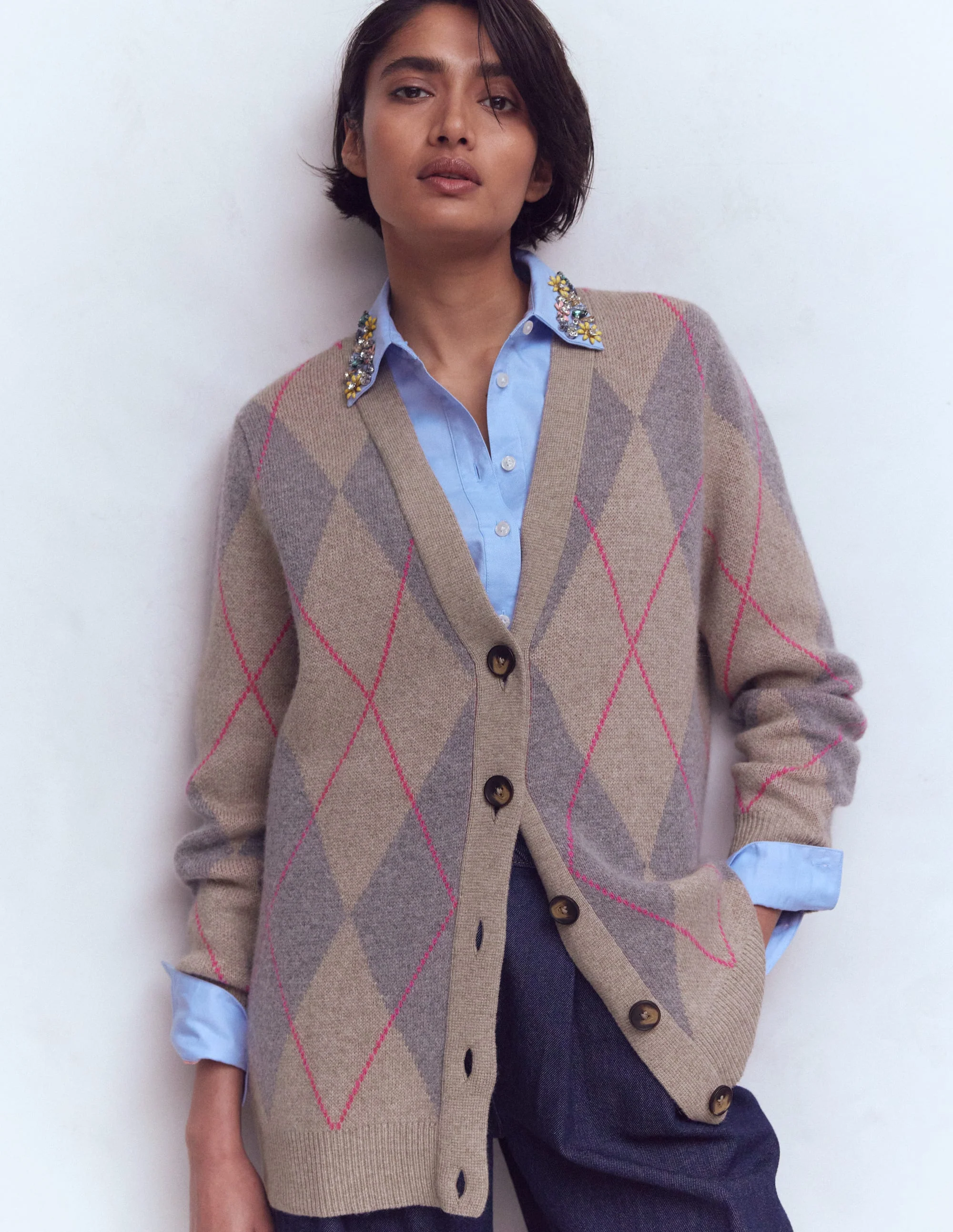 Quinn Boyfriend Cardigan-Neutral Argyle