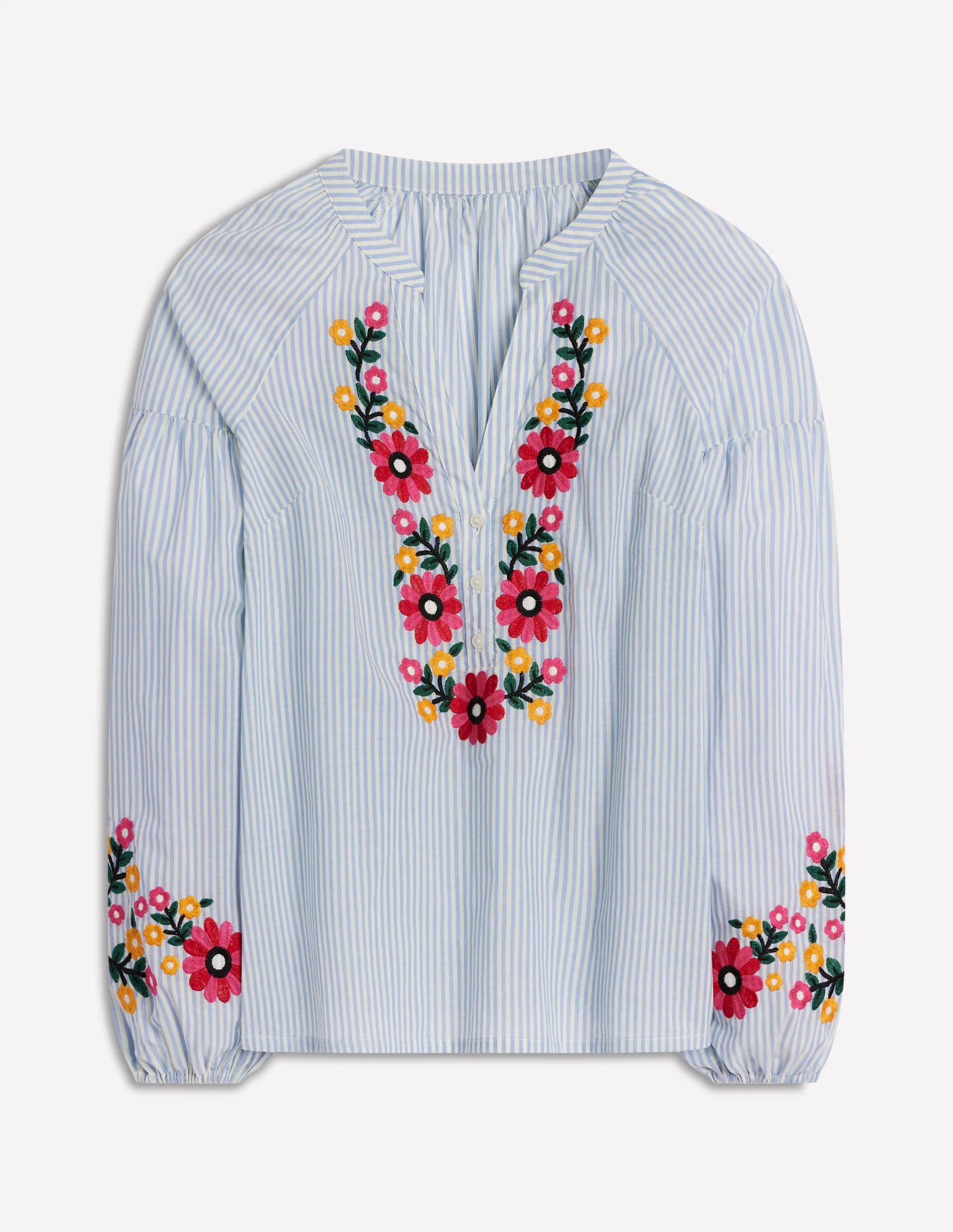 Raglan Embroidered Cotton Top-Ivory, Navy Stripe - Image 5