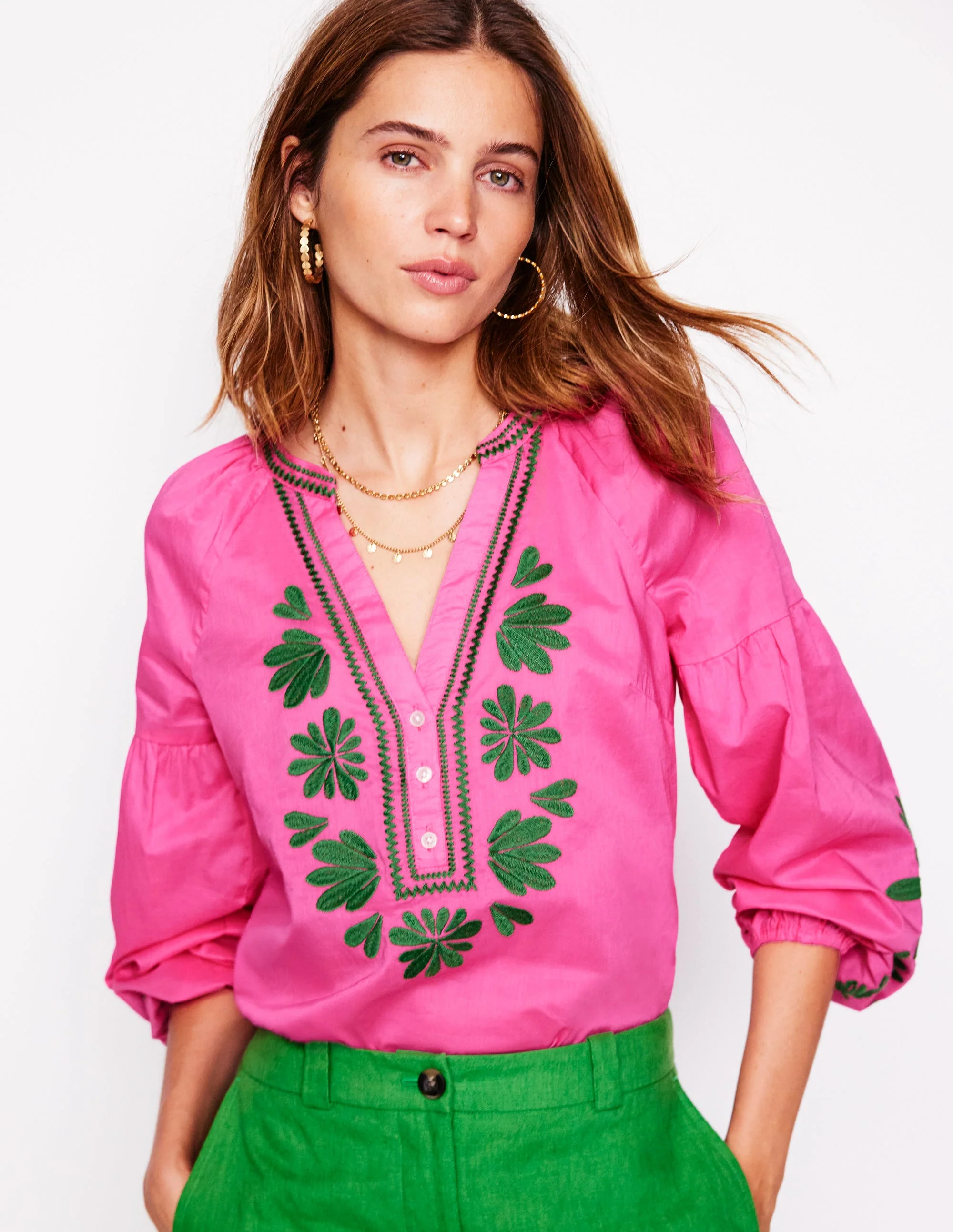 Raglan Embroidered Cotton Top-Sorbet Pink - Image 5