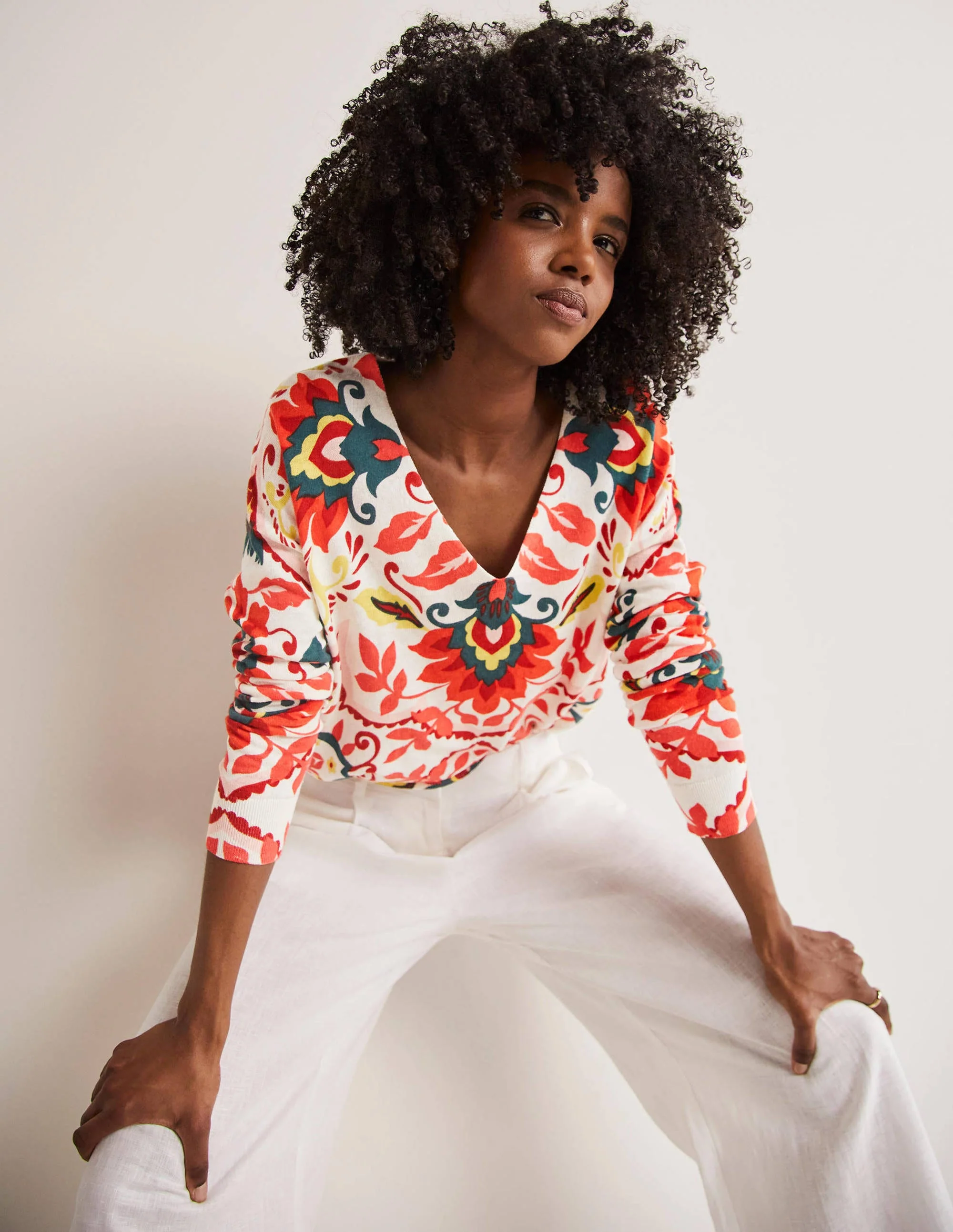 Relaxed Printed V-neck Jumper-Multi, Moroccan Bloom