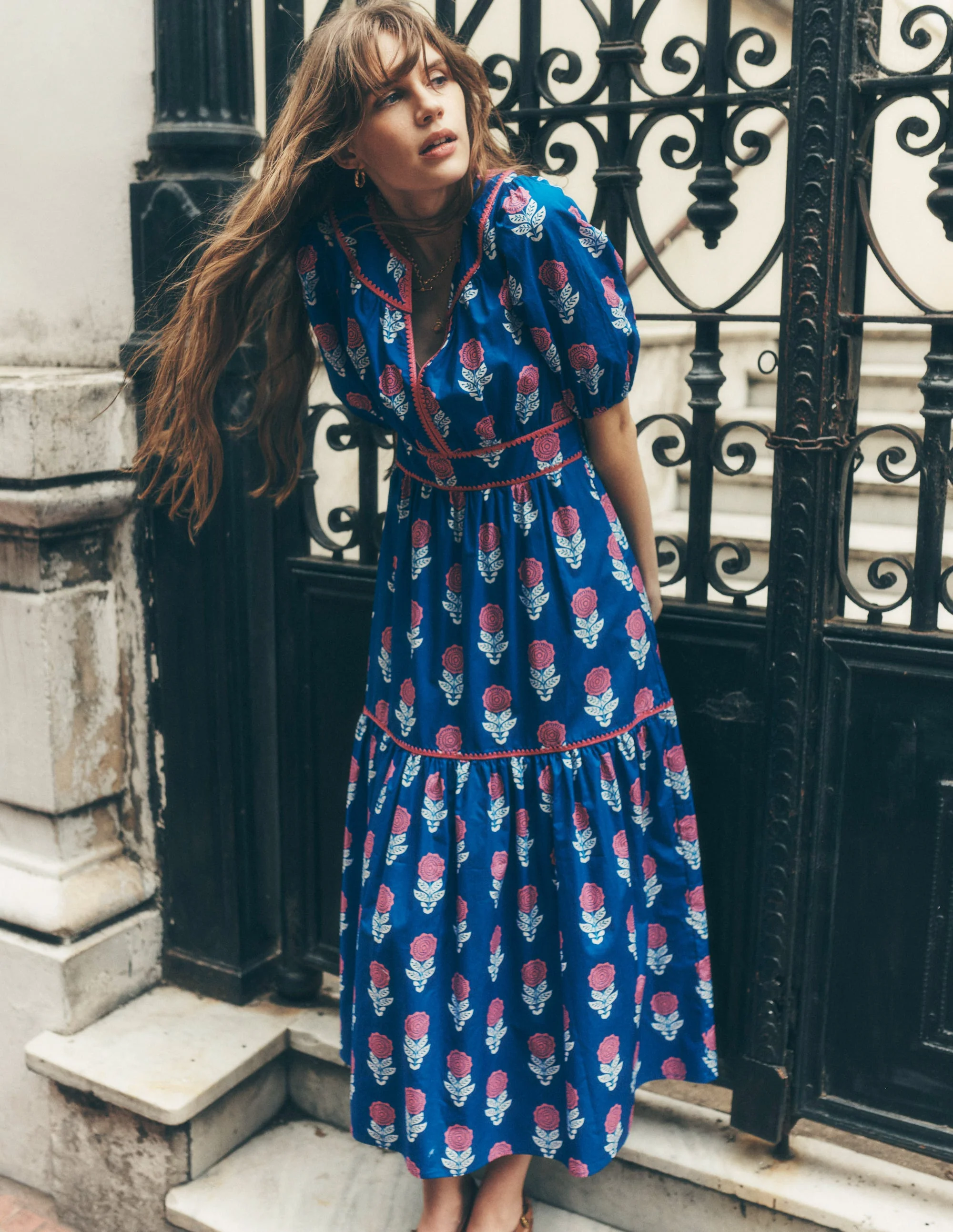 Rhea Embroidered Midi Dress-Gallery Blue, Dahlia Sprig - Image 6