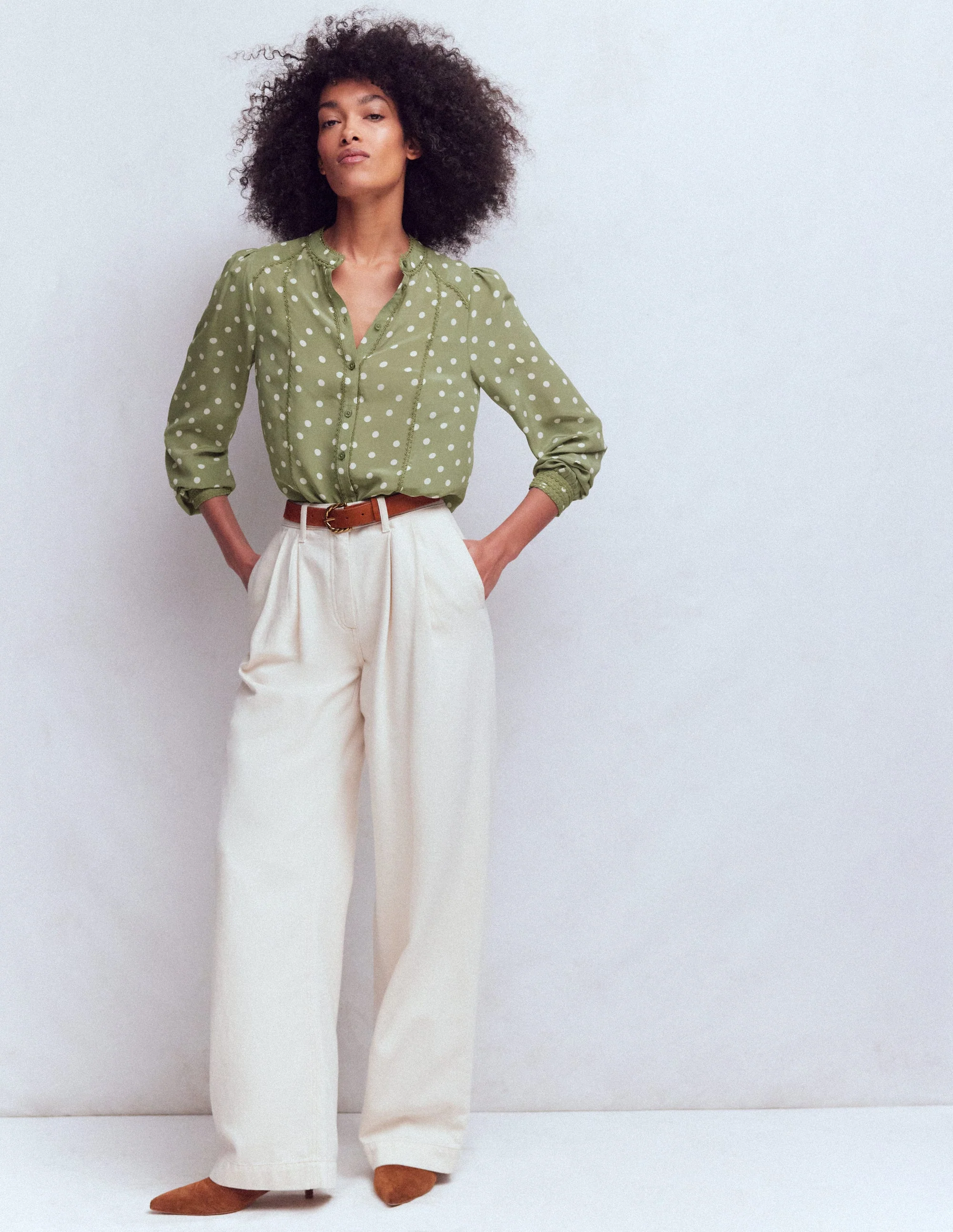 Rhea Trim Detail Silk Top-Larch Green, Painted Dot - Image 4