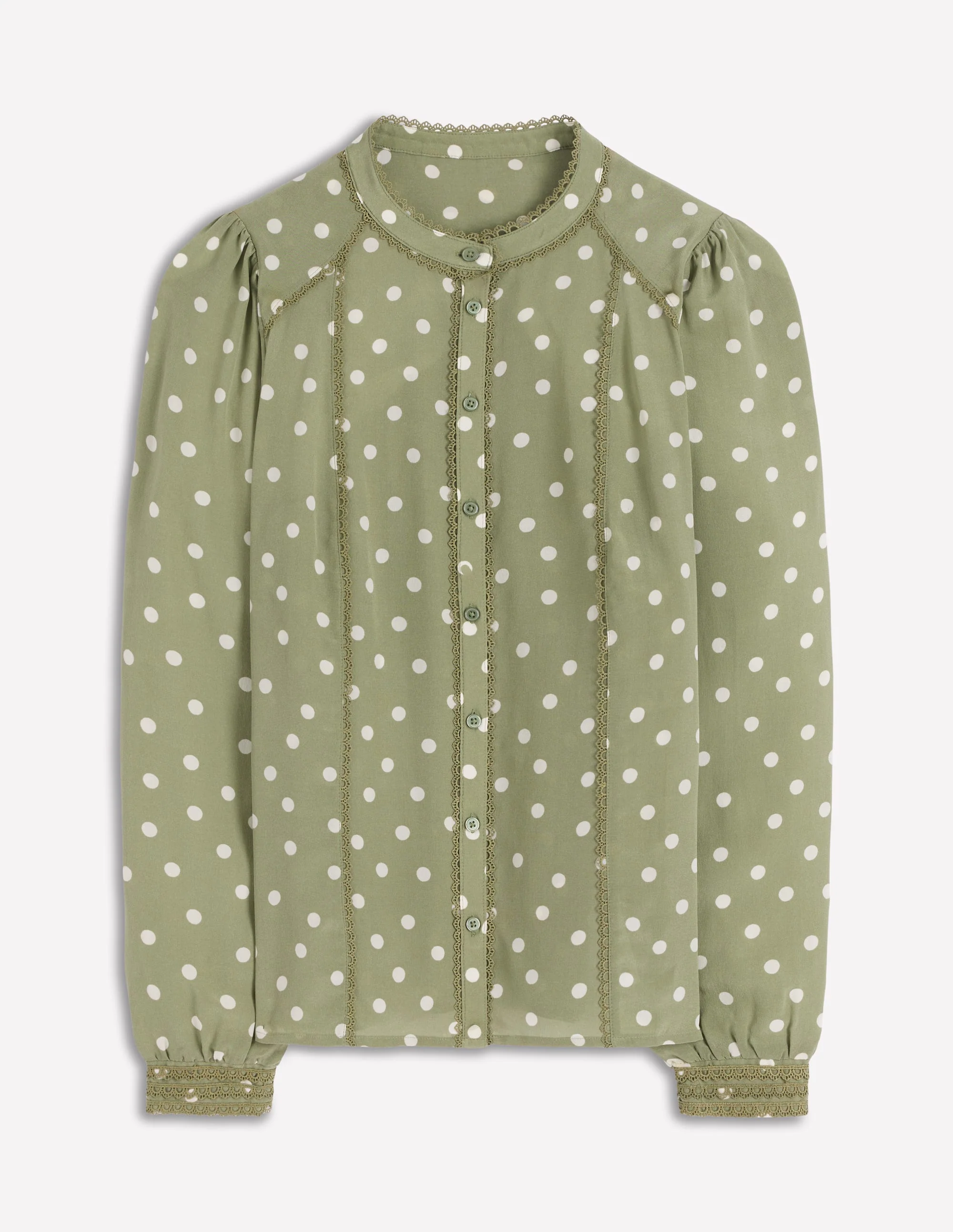 Rhea Trim Detail Silk Top-Larch Green, Painted Dot - Image 5