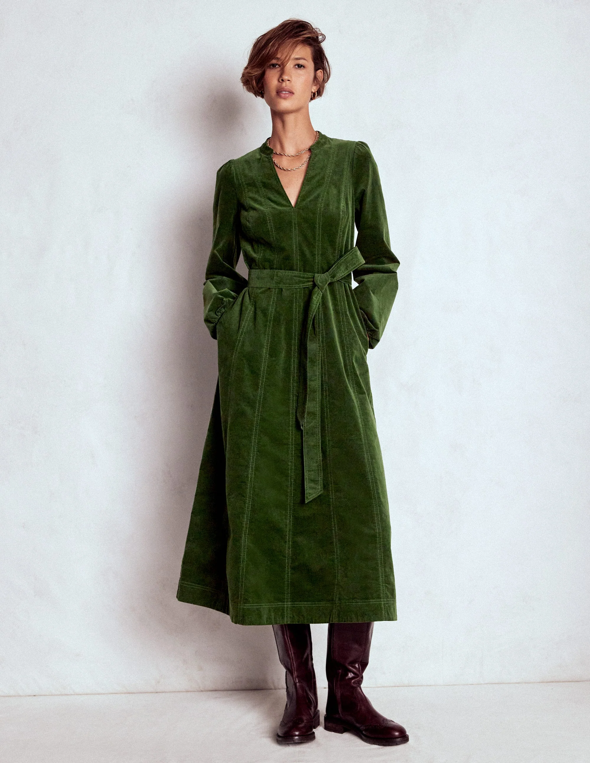 Ros Panelled Cord Midi Dress-Green Fir