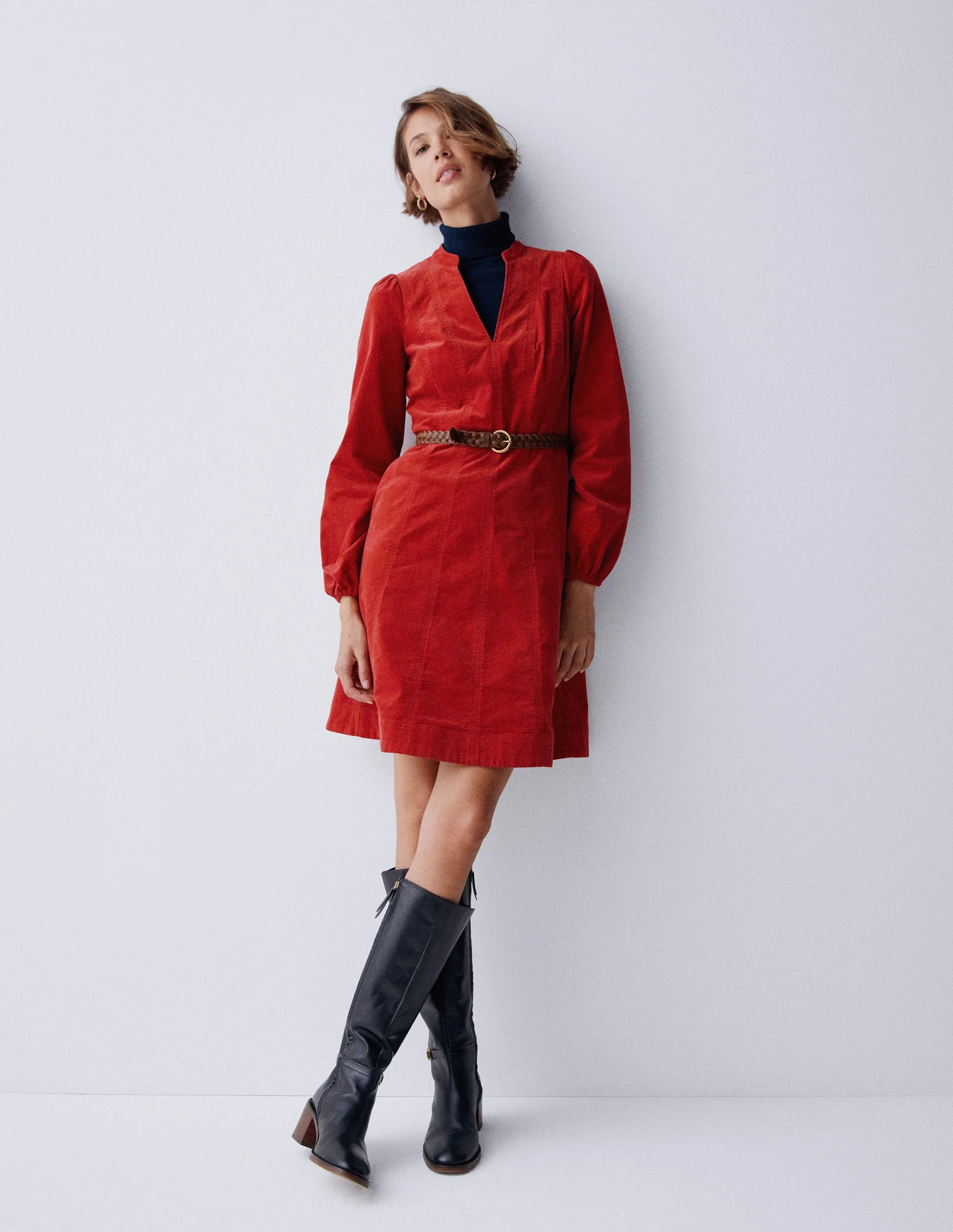 Ros Panelled Cord Short Dress-Crimson Red - Image 6