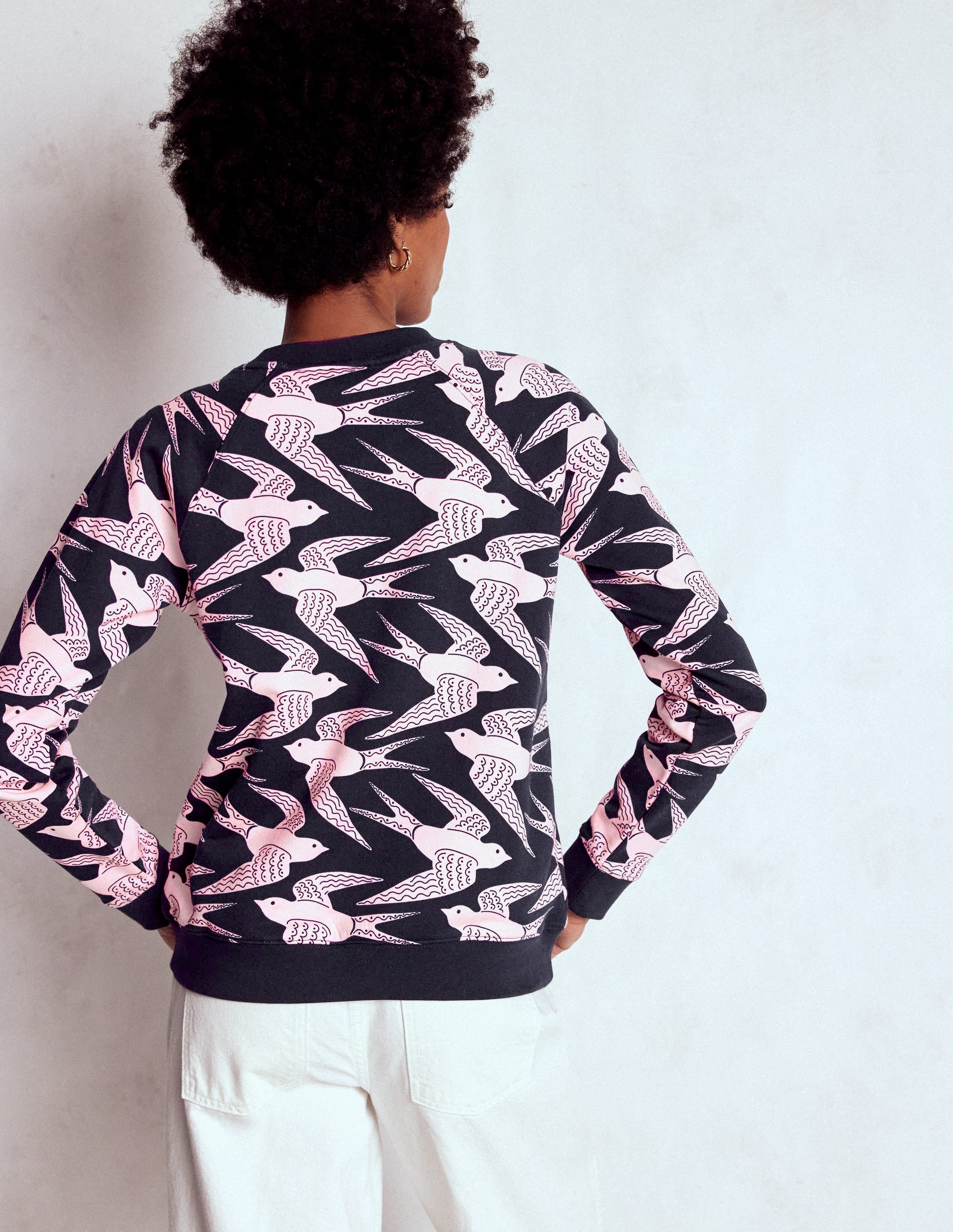 Rosa Printed Sweatshirt-Navy, Pink Swooping Swallow - Image 3
