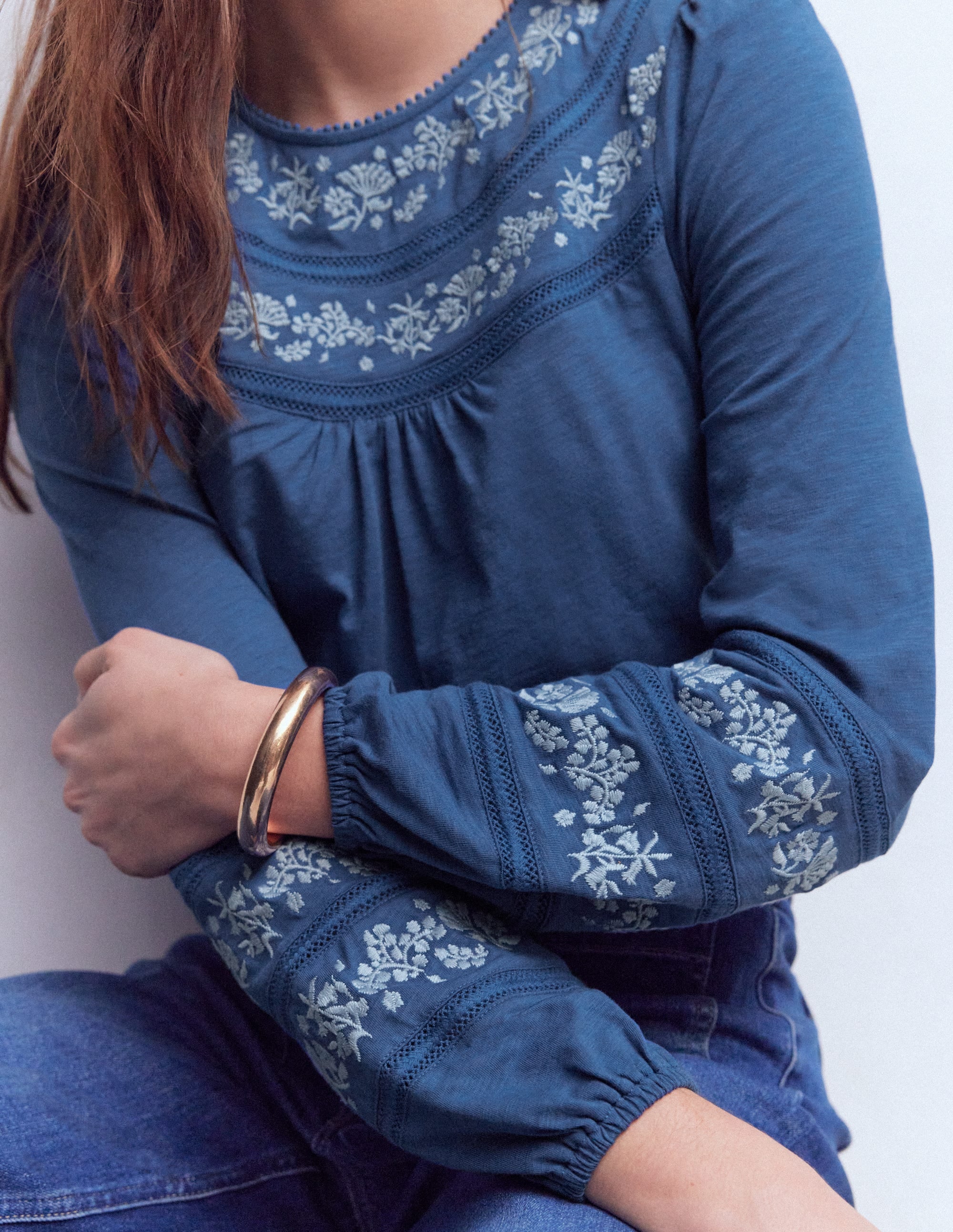Rosie Embroidered Jersey Top-True Navy - Image 2